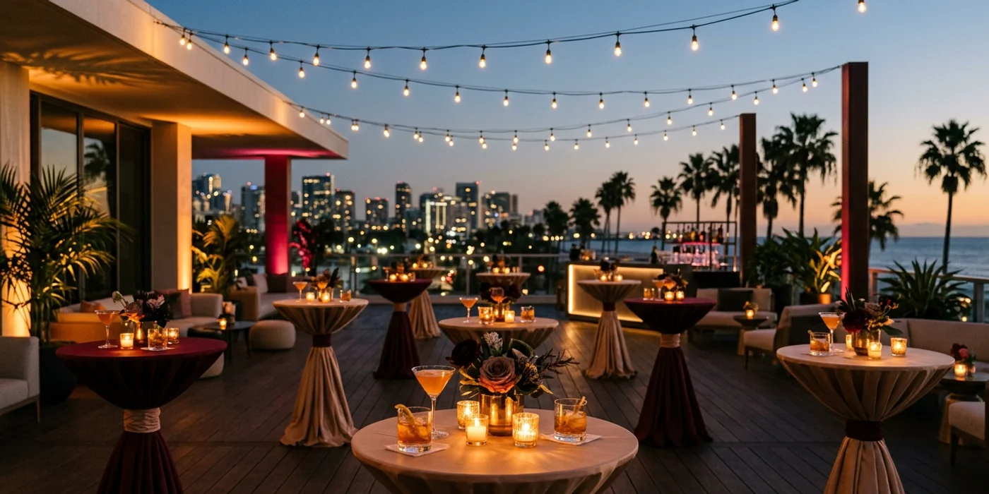 Elegant corporate rooftop reception at dusk with cocktails and lights