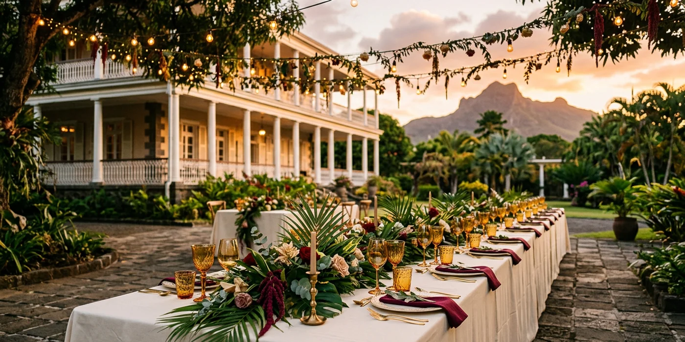 Elegant long reception table set in an estate courtyard at sunset