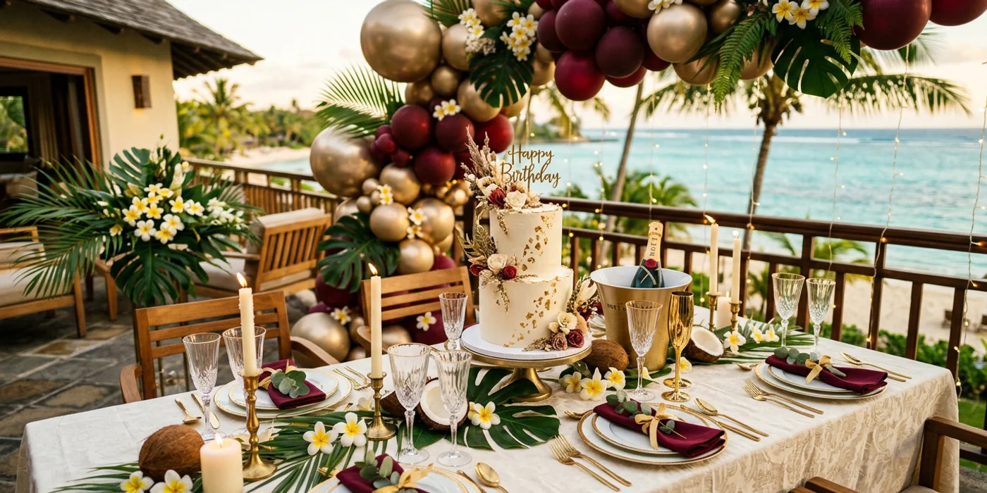 Festive elegant birthday table with cake and gold balloons in Mauritius
