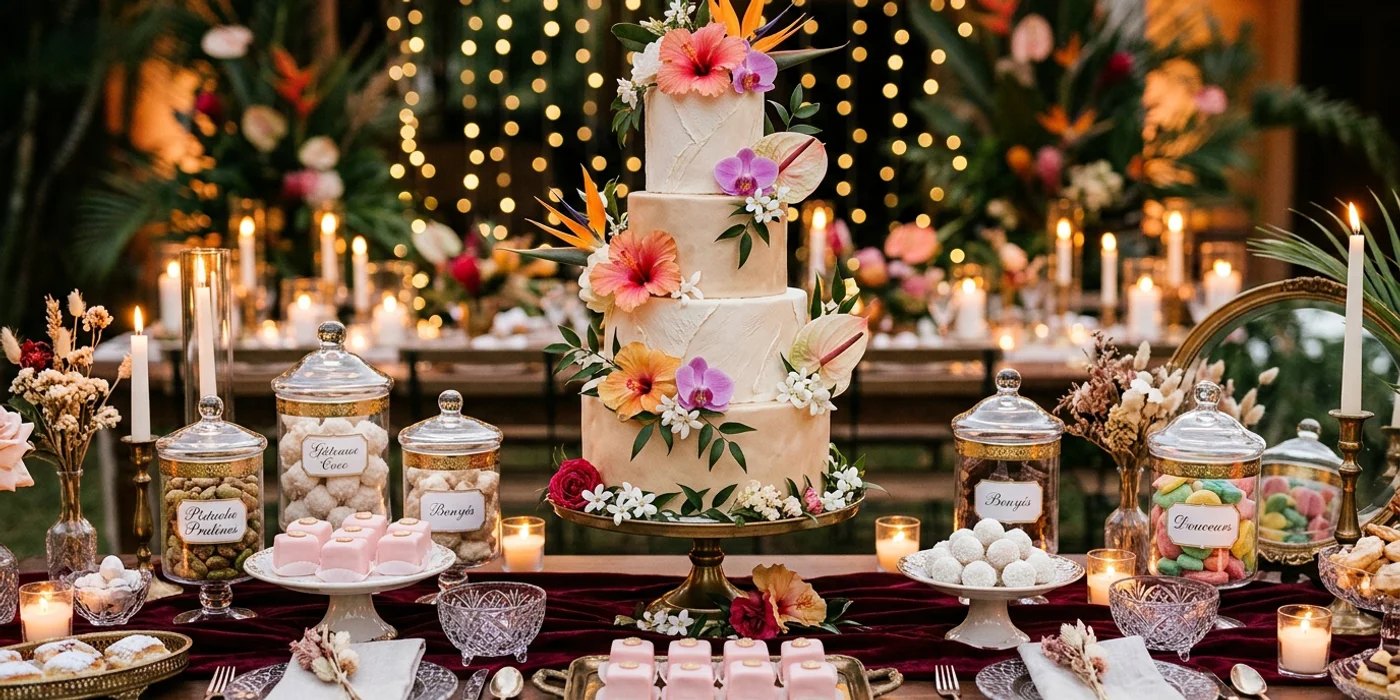 Colourful creole dessert table with an elegant tiered cake for a celebration