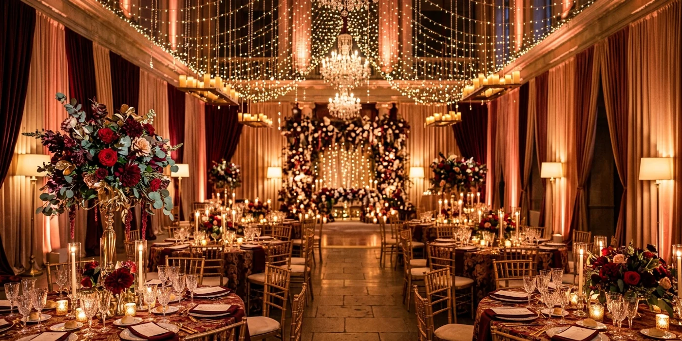 Beautifully decorated event space with lighting effects and floral arrangements