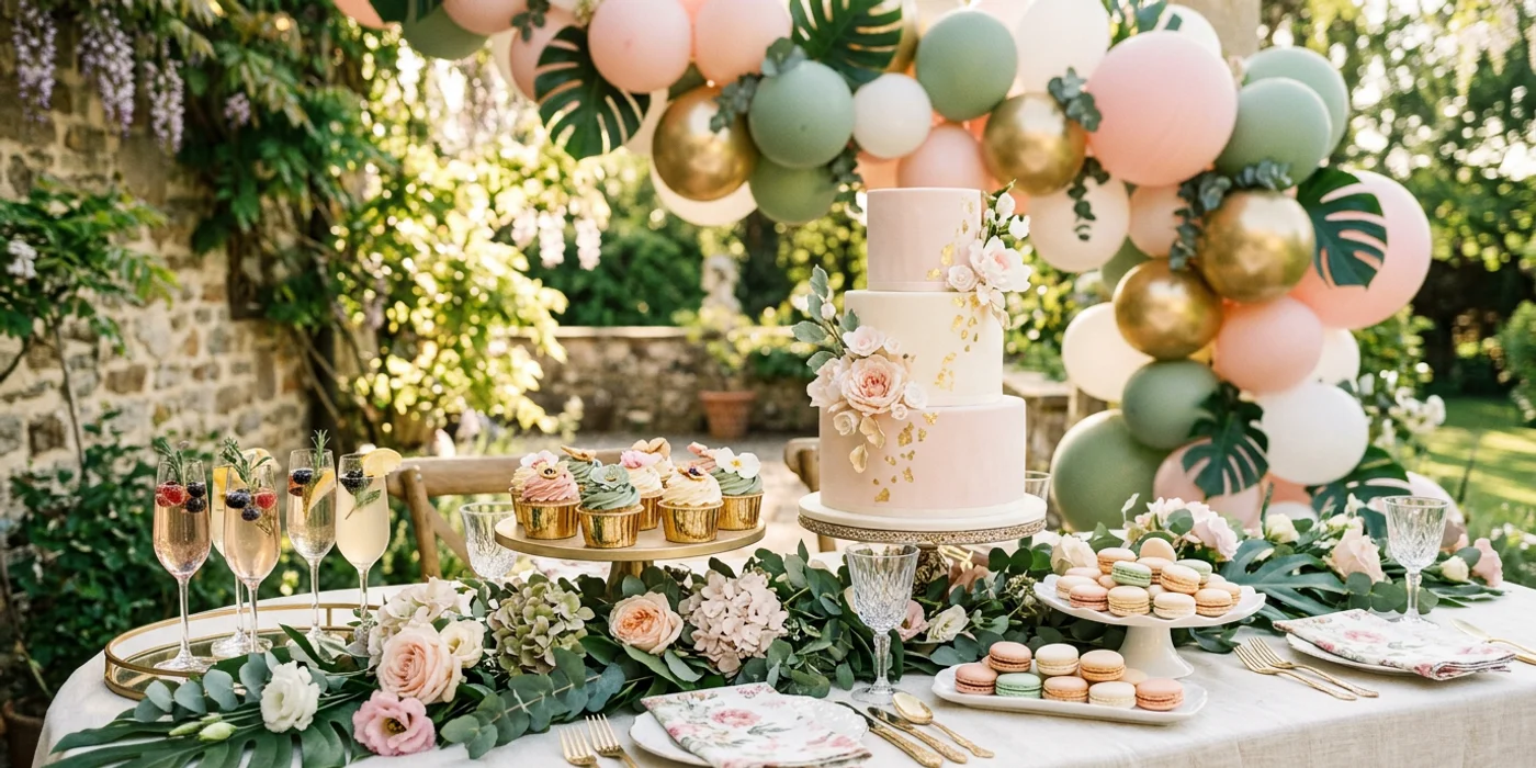Elegant pastel baby shower table with balloons and cake