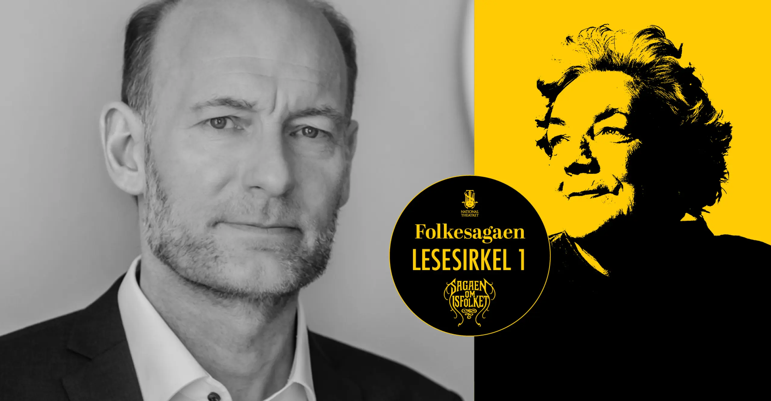 Svart-hvit bilde av Knut Olav Åmås, og bilde av omrisset av forfatter Margit Sandemo over gul bakgrunn. Tekst i bildet: Lesesirkel 1.