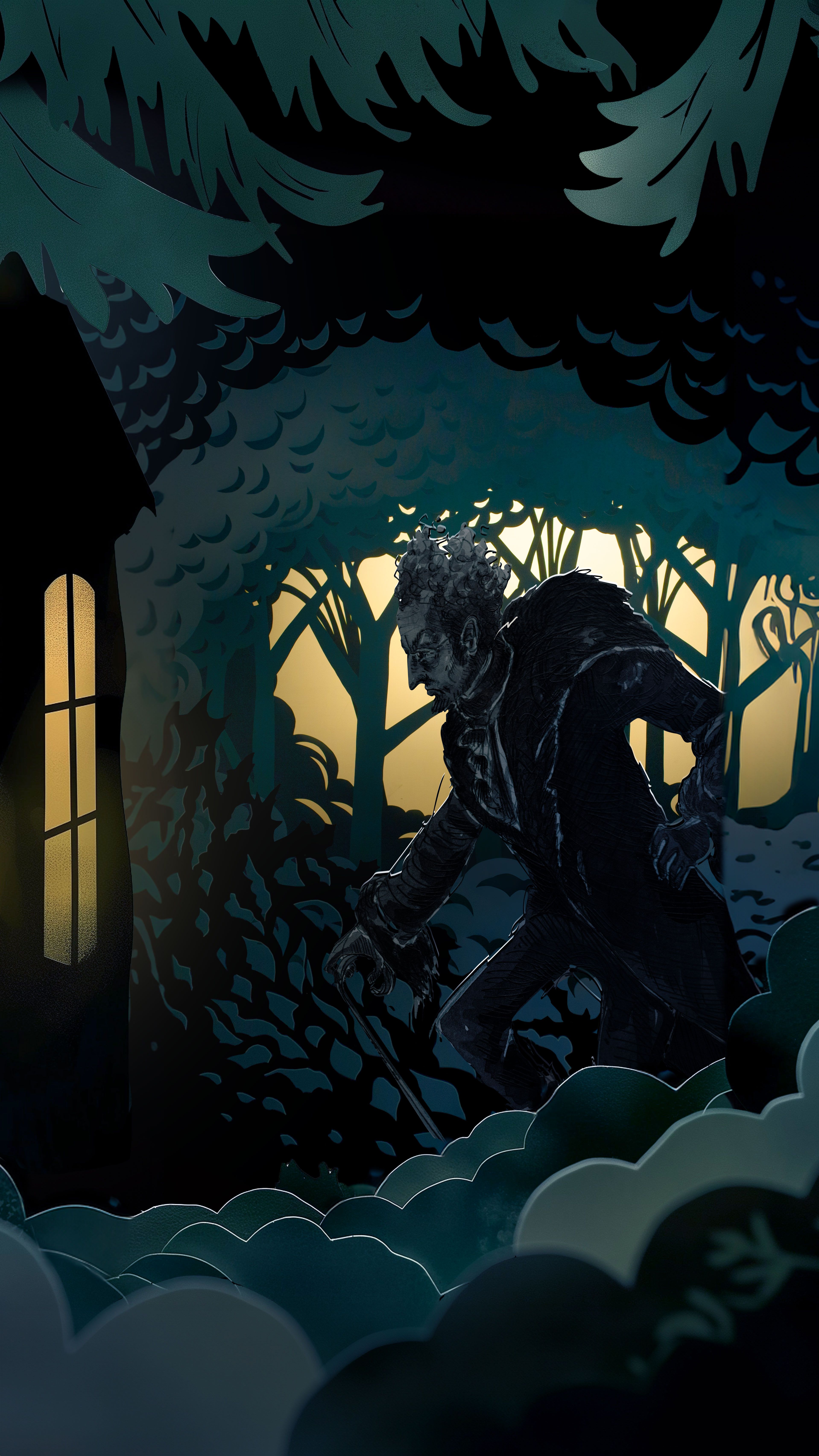 Mystisk skikkelse i mørk skog iført diger pelskrage som snur seg mot kamera og ser sint ut