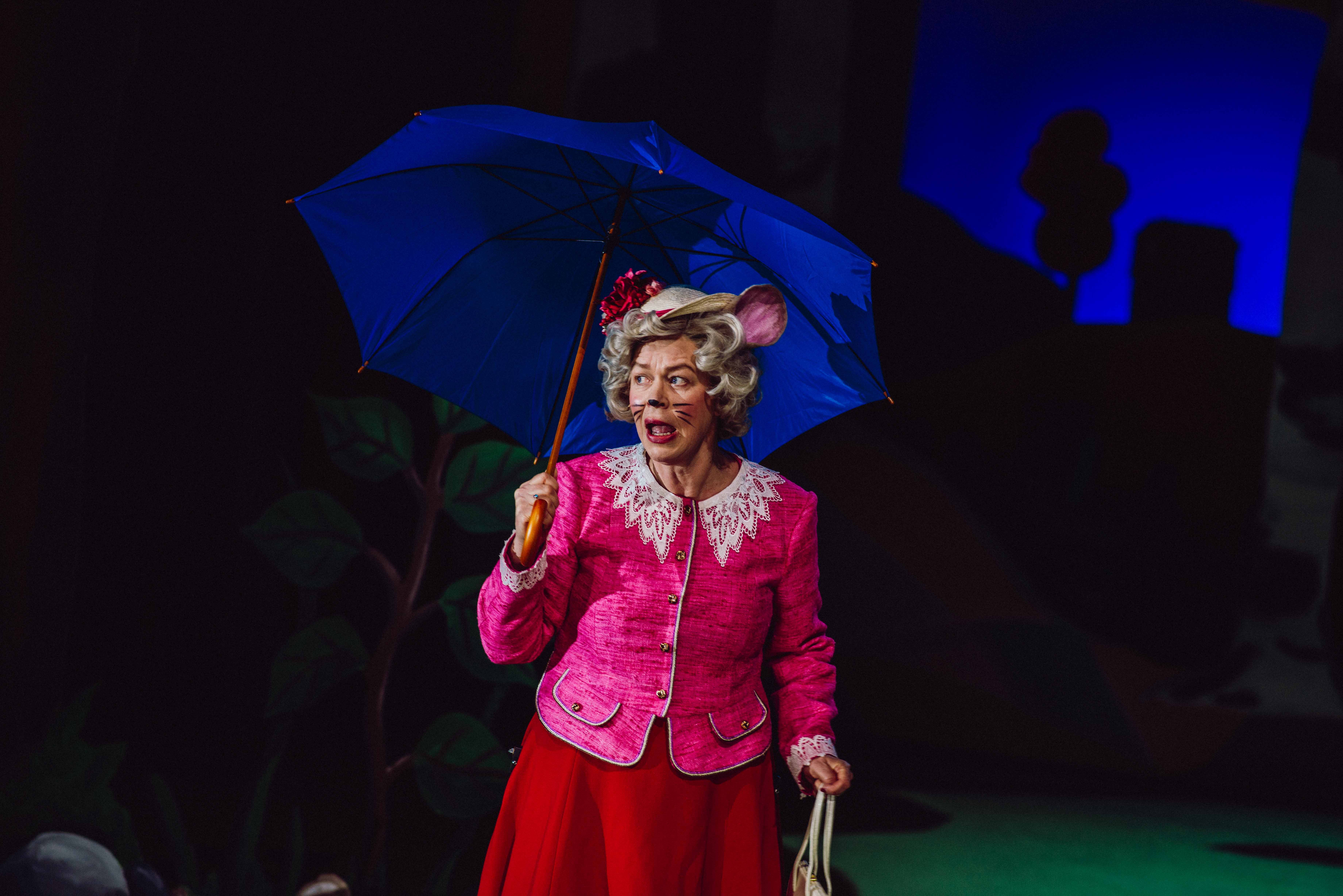 Person i rosa drakt med museører og blå paraply