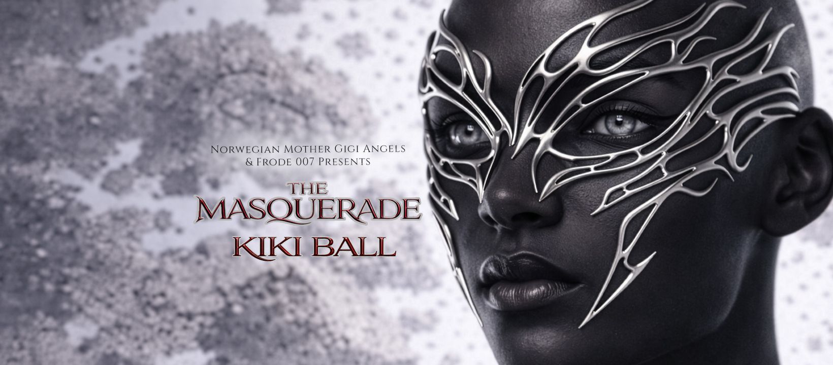Person med maske, og tekst: The Masquerade Kiki ball"