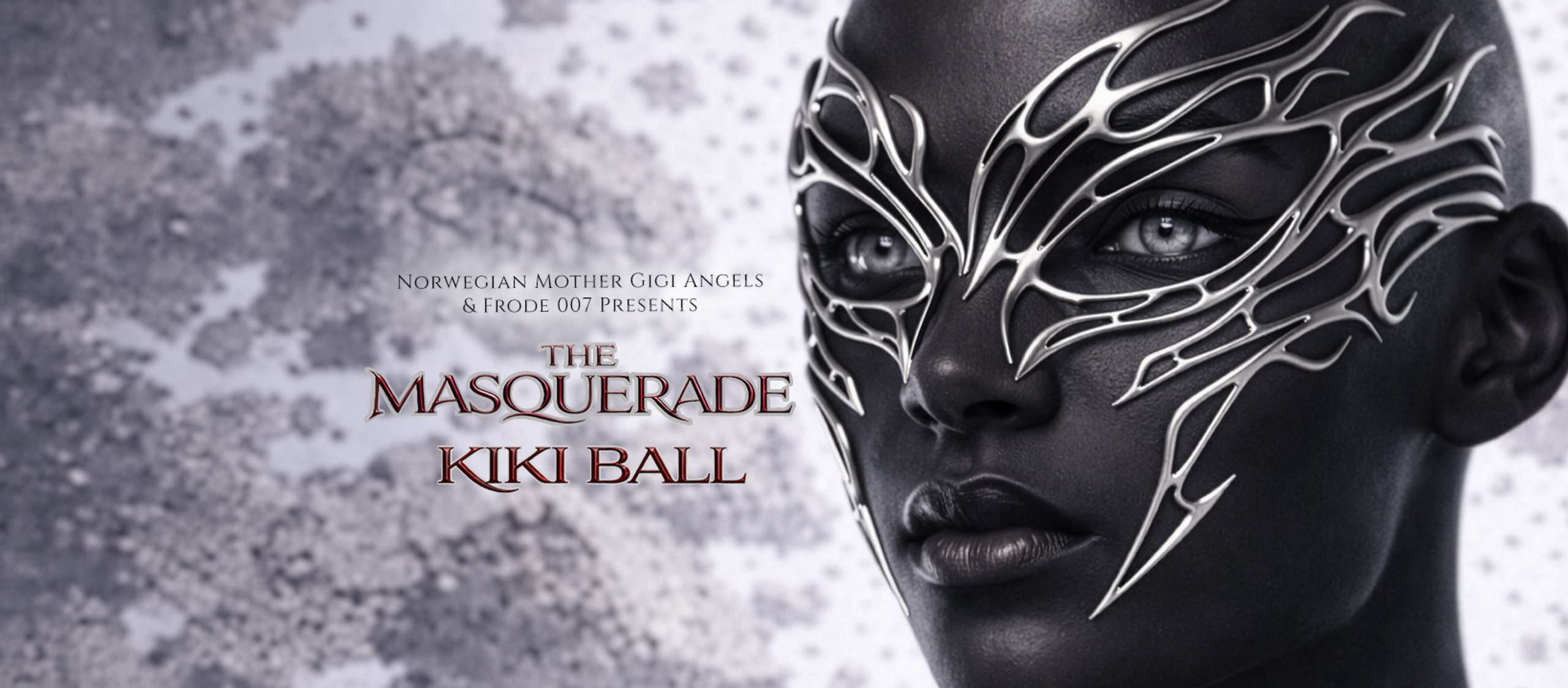 Person med maske, og tekst: The Masquerade Kiki ball"