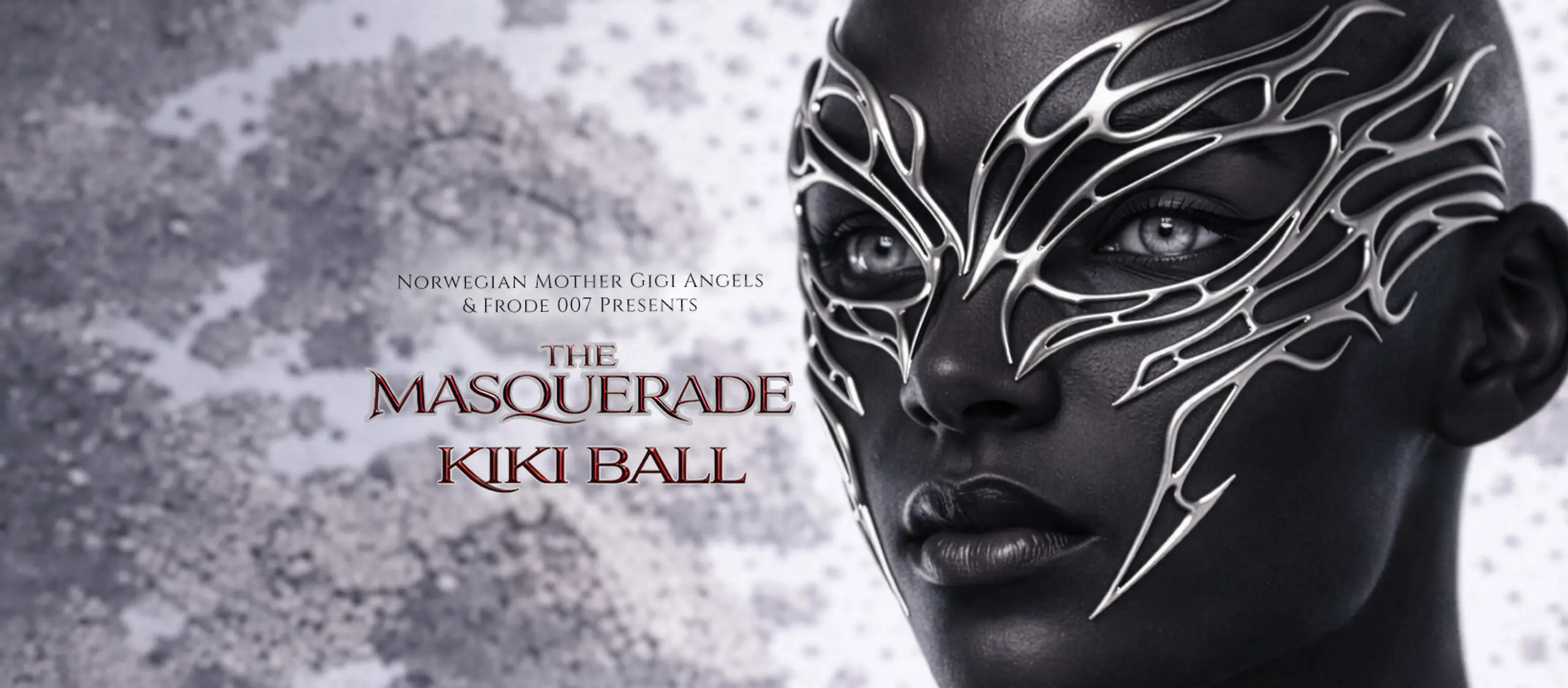 Person med maske, og tekst: The Masquerade Kiki ball"