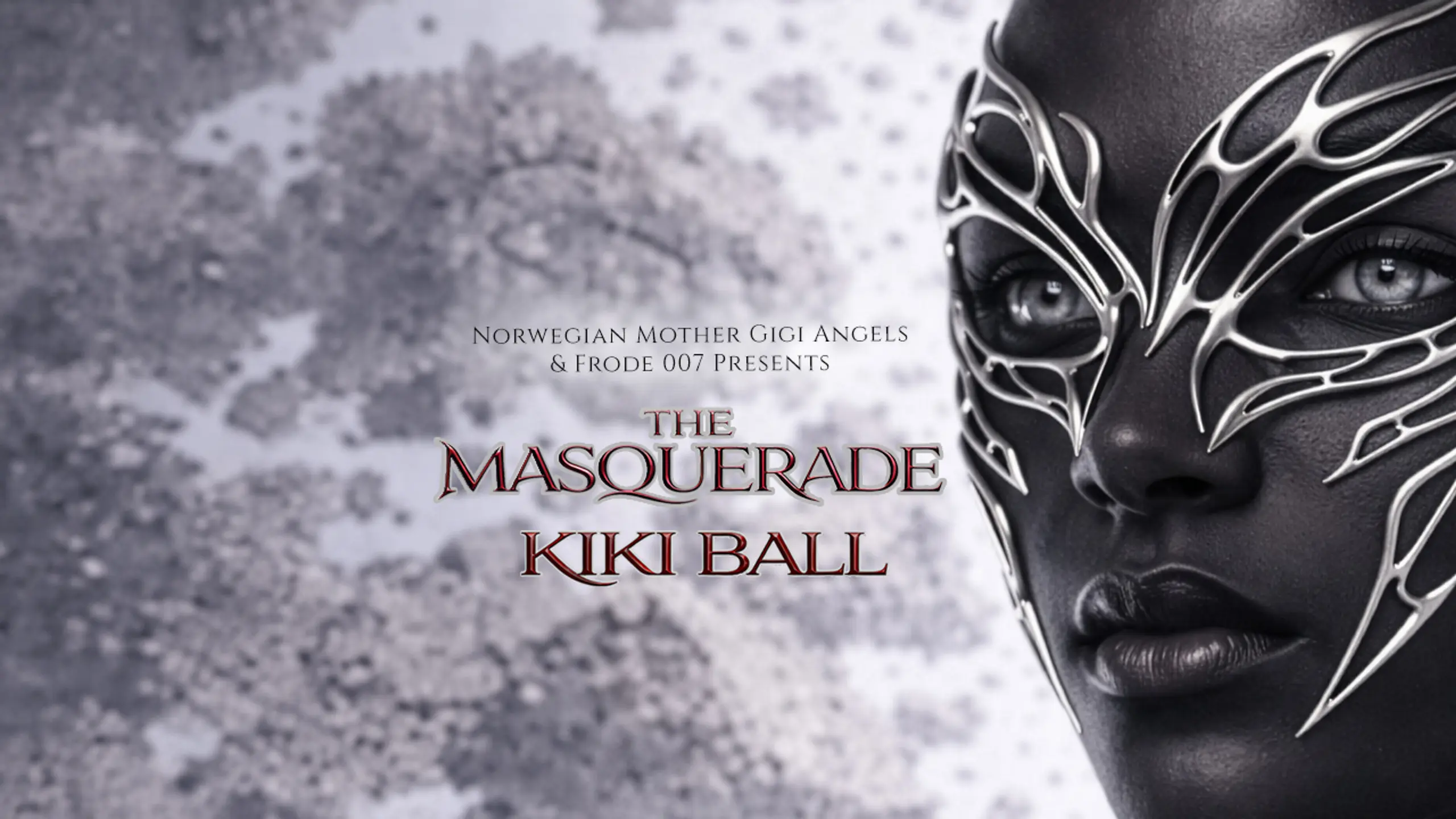 Person med maske, og tekst: The Masquerade Kiki ball"