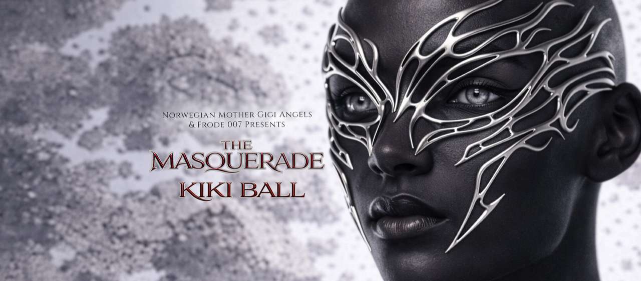 Person med maske, og tekst: The Masquerade Kiki ball"
