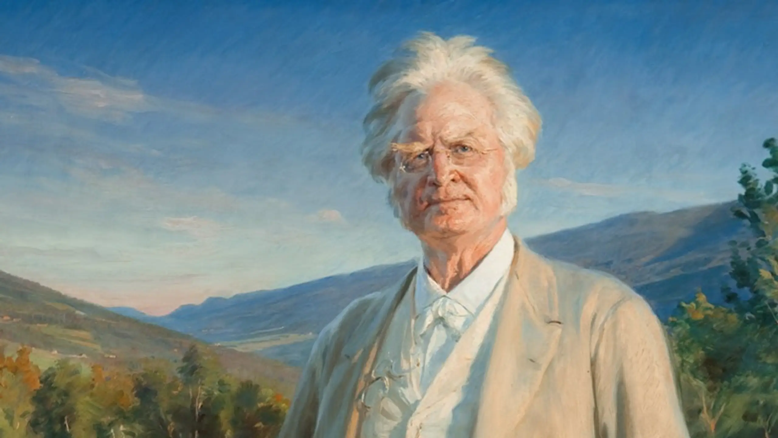 Foto av maleri av en eldre Bjørnstjerne Bjørnson, med norsk natur i bakgrunnen