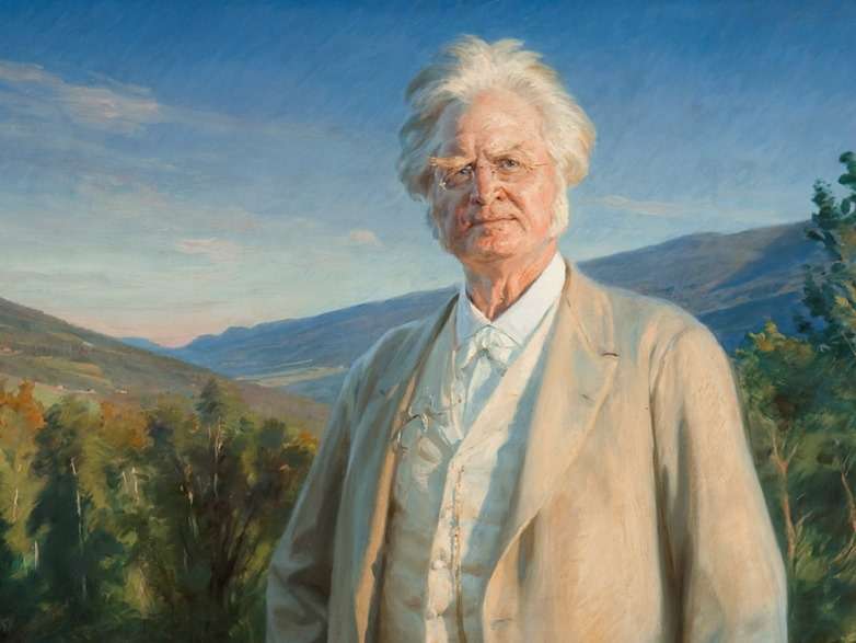 Foto av maleri av en eldre Bjørnstjerne Bjørnson, med norsk natur i bakgrunnen