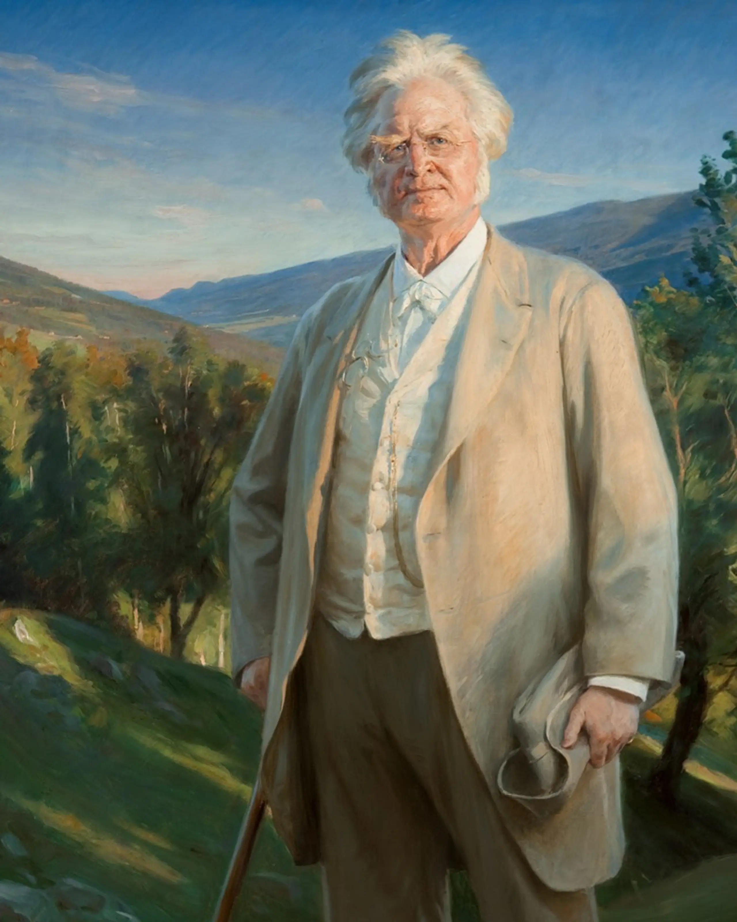 Foto av maleri av en eldre Bjørnstjerne Bjørnson, med norsk natur i bakgrunnen