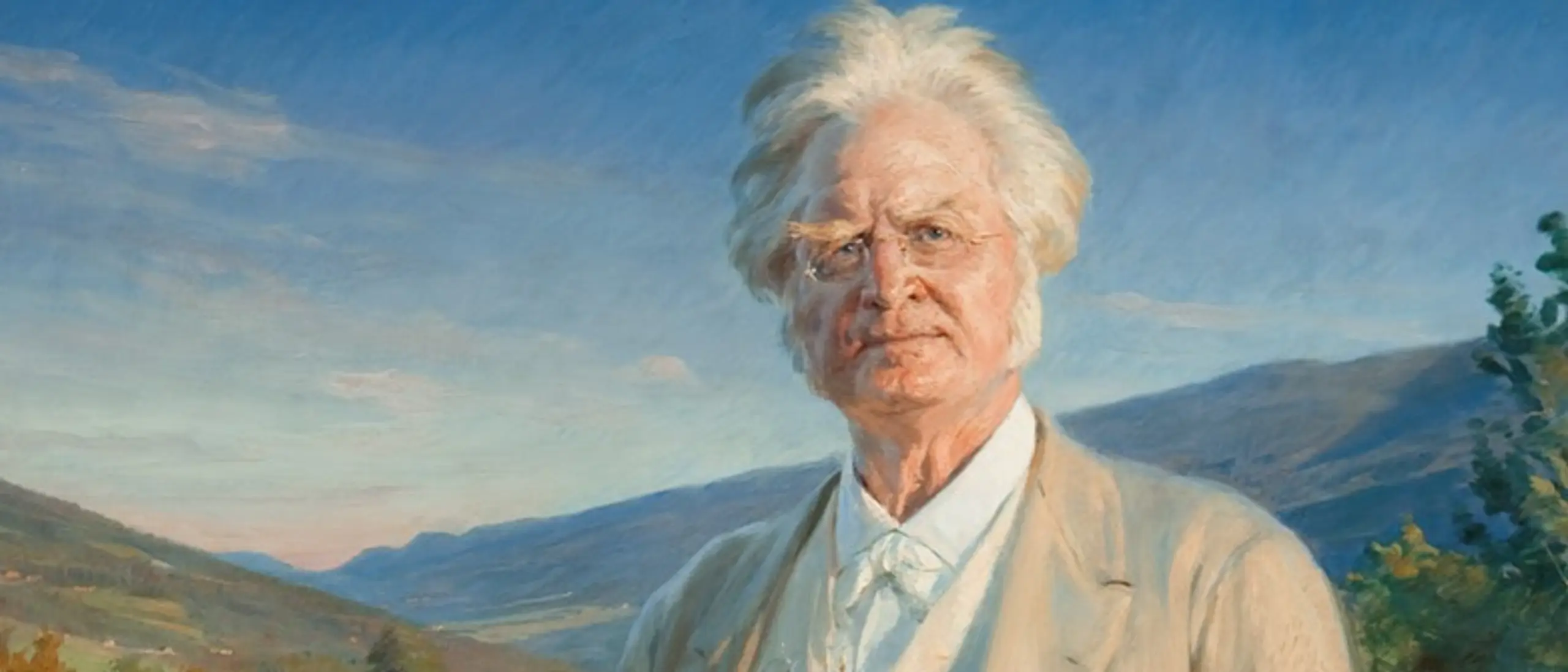 Foto av maleri av en eldre Bjørnstjerne Bjørnson, med norsk natur i bakgrunnen