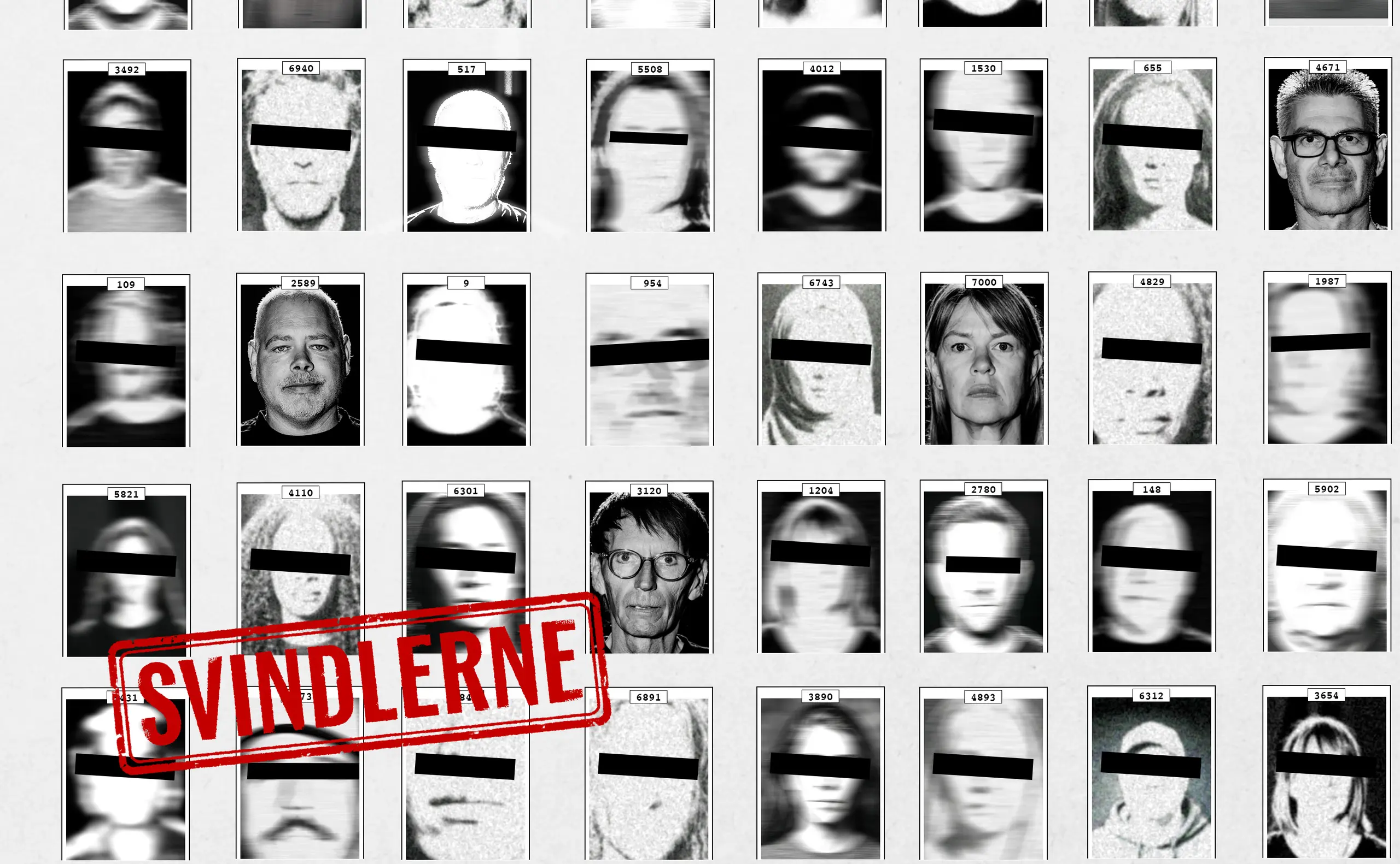 Collage med "mugshots", der noen har svart stripe over øynene