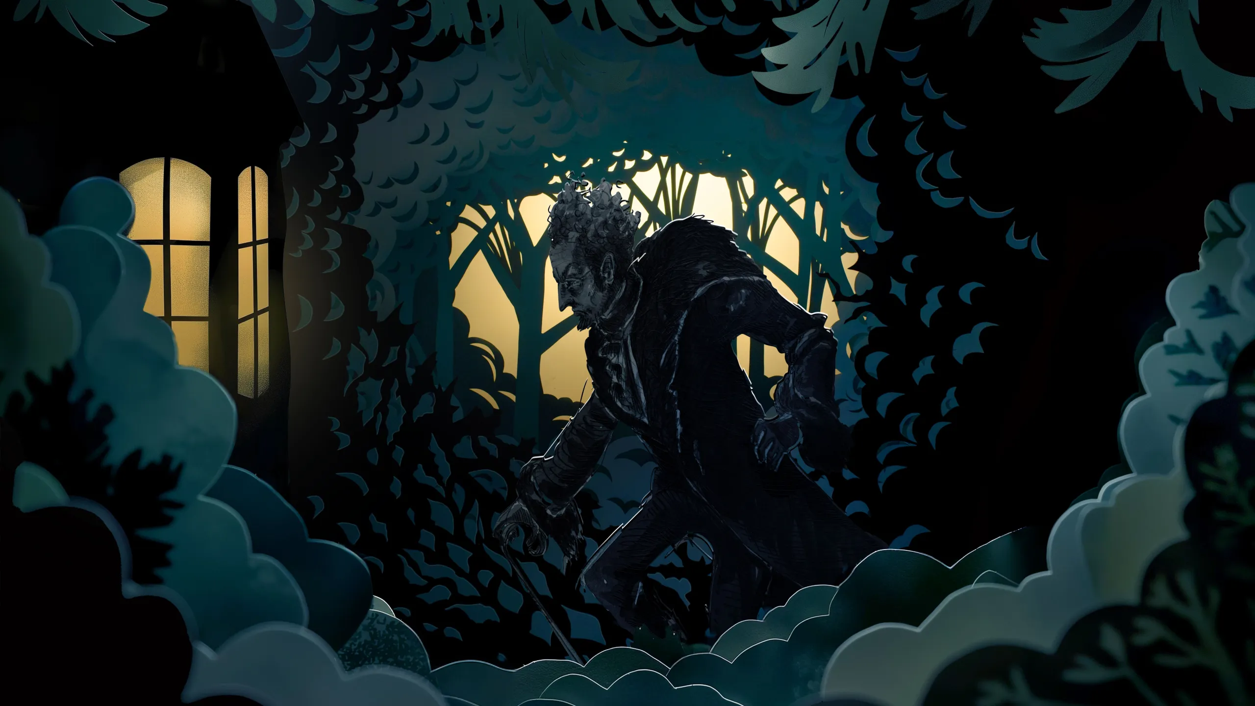 Mystisk skikkelse i mørk skog iført diger pelskrage som snur seg mot kamera og ser sint ut