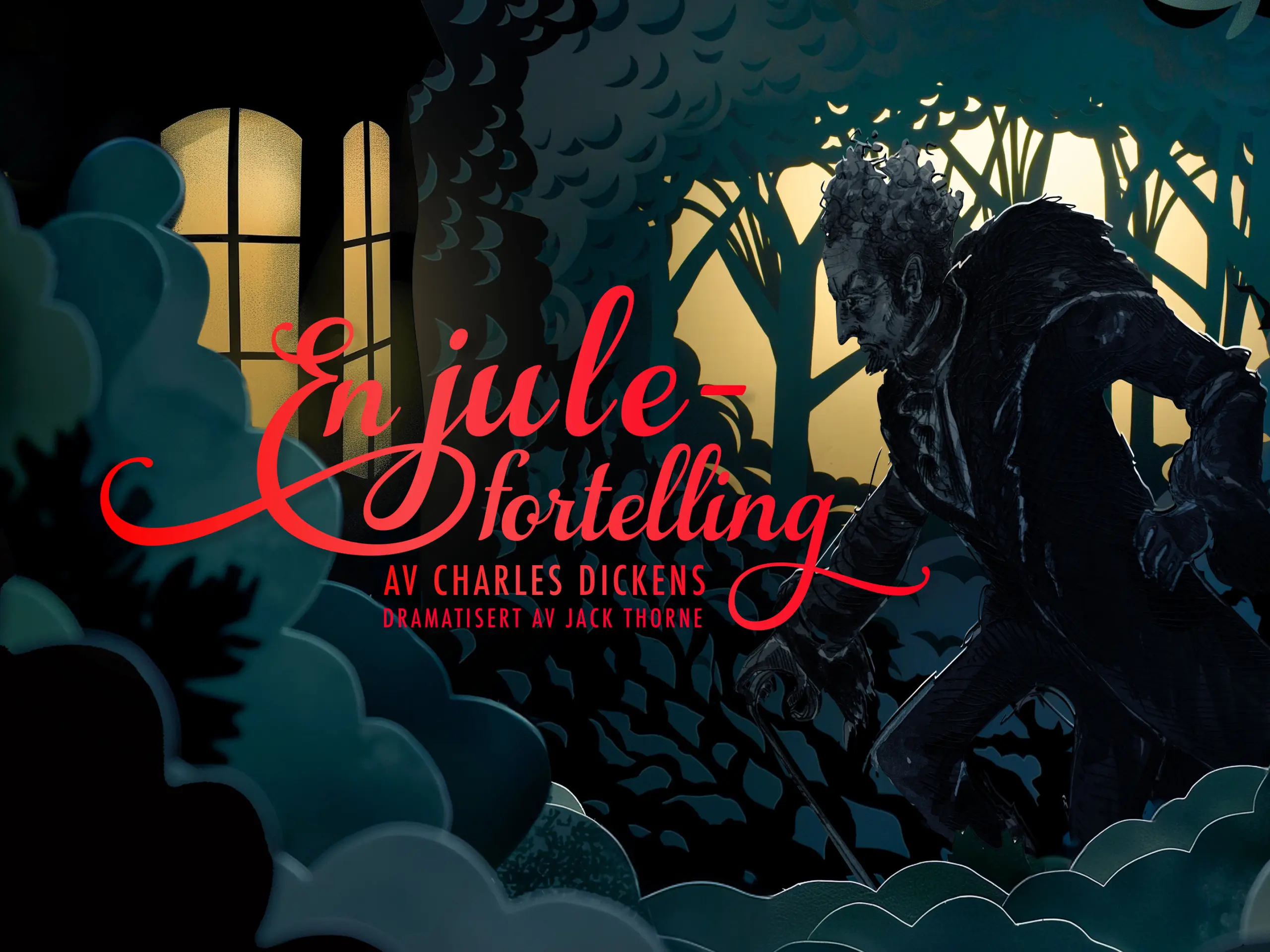 Mystisk skikkelse i mørk skog iført diger pelskrage som snur seg mot kamera og ser sint ut. Med tekst "En julefortelling - Av Charles Dickens, dramatisert av Jack Thorne"