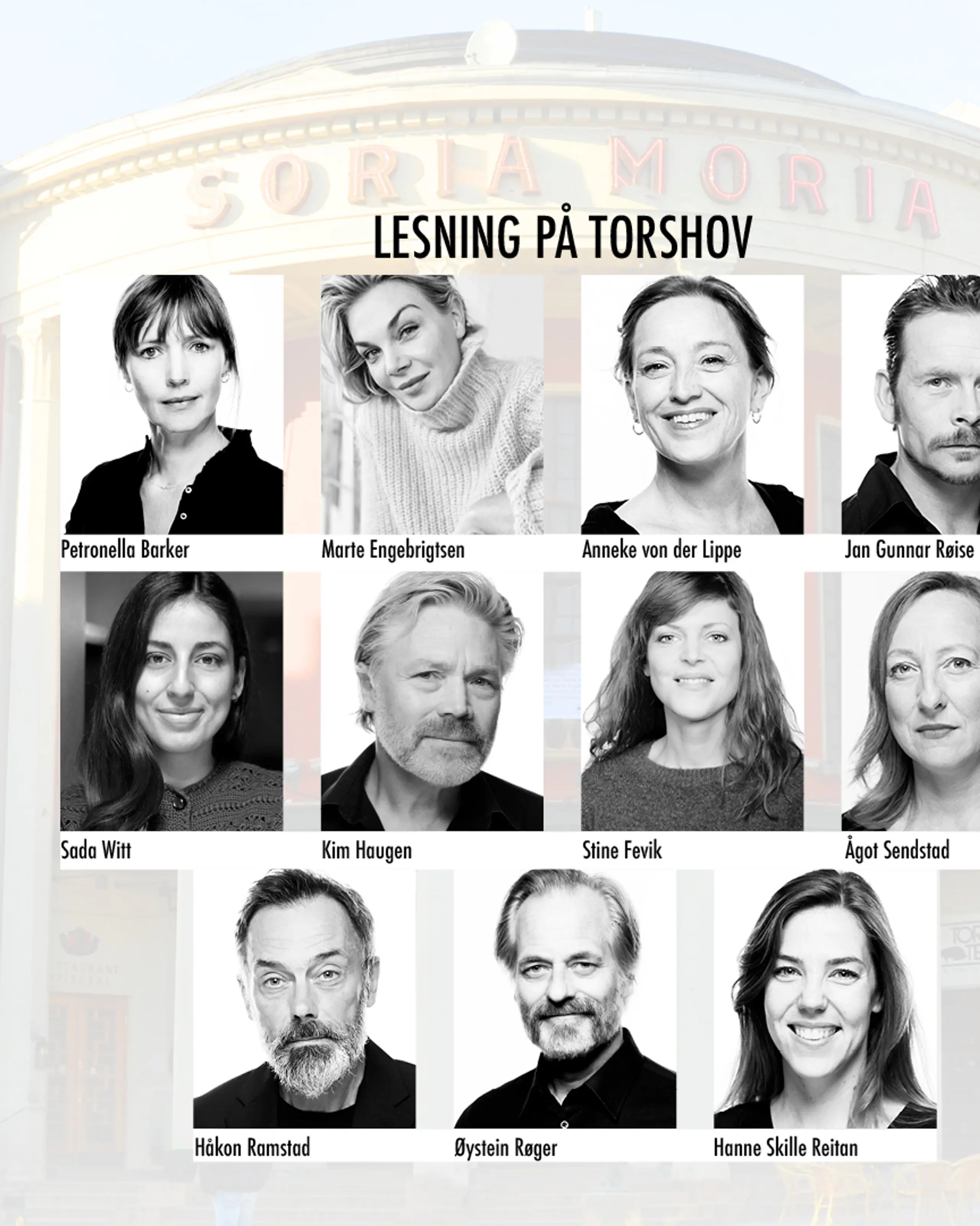 Kollasj av bilder av skuespillere foran en bakgrunn hvor du så vidt kan skimte Torshovteatret