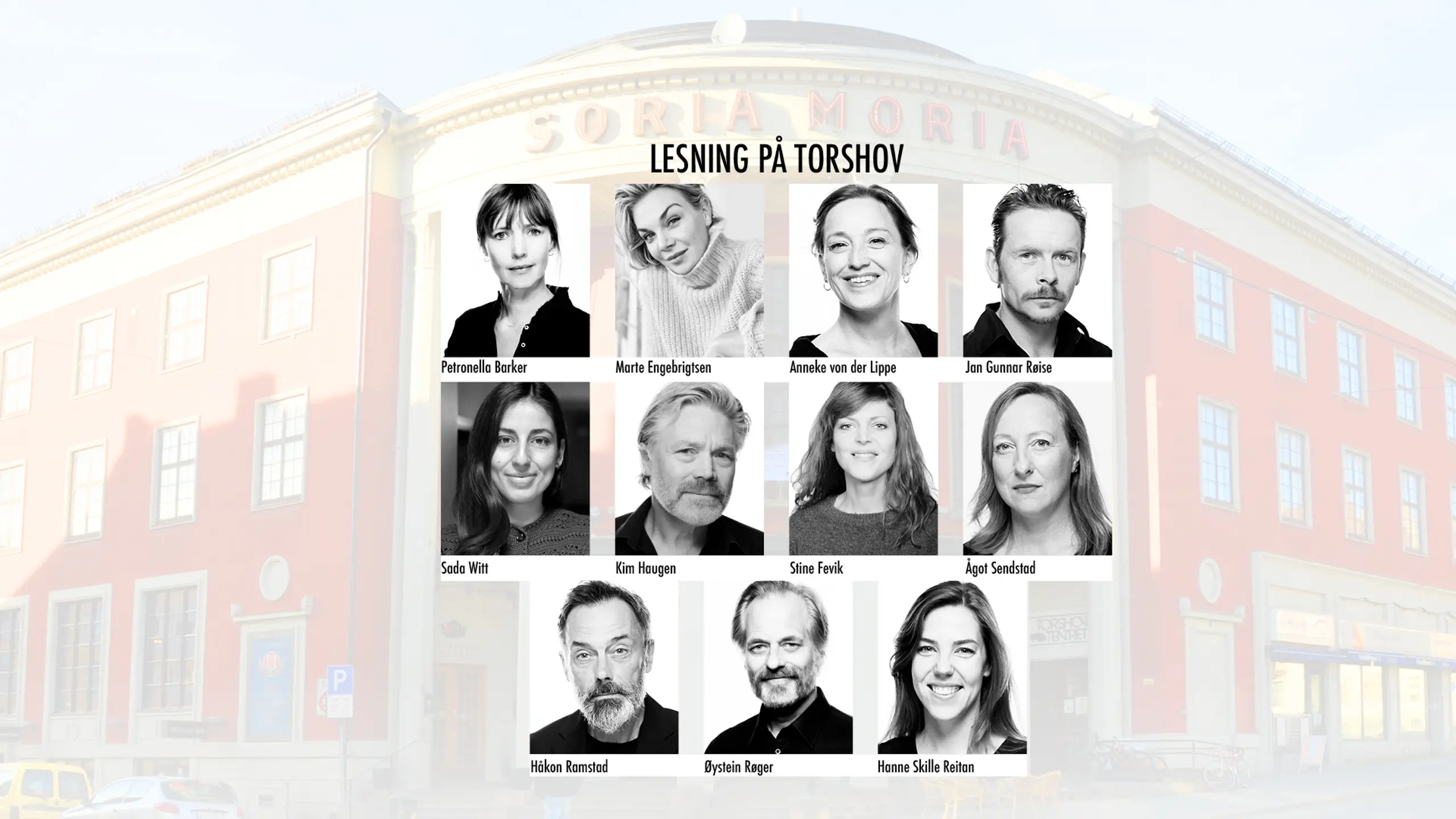 Kollasj av bilder av skuespillere foran en bakgrunn hvor du så vidt kan skimte Torshovteatret