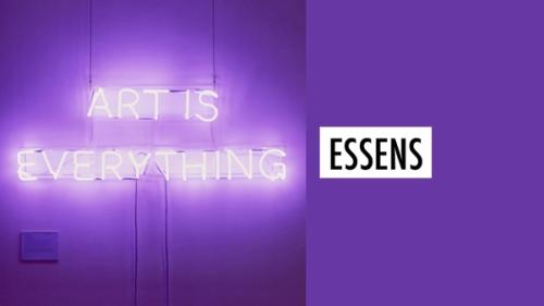 Lilla bilde med lysende neonskilt "Art is everything", og "essens" skrevet ved siden av