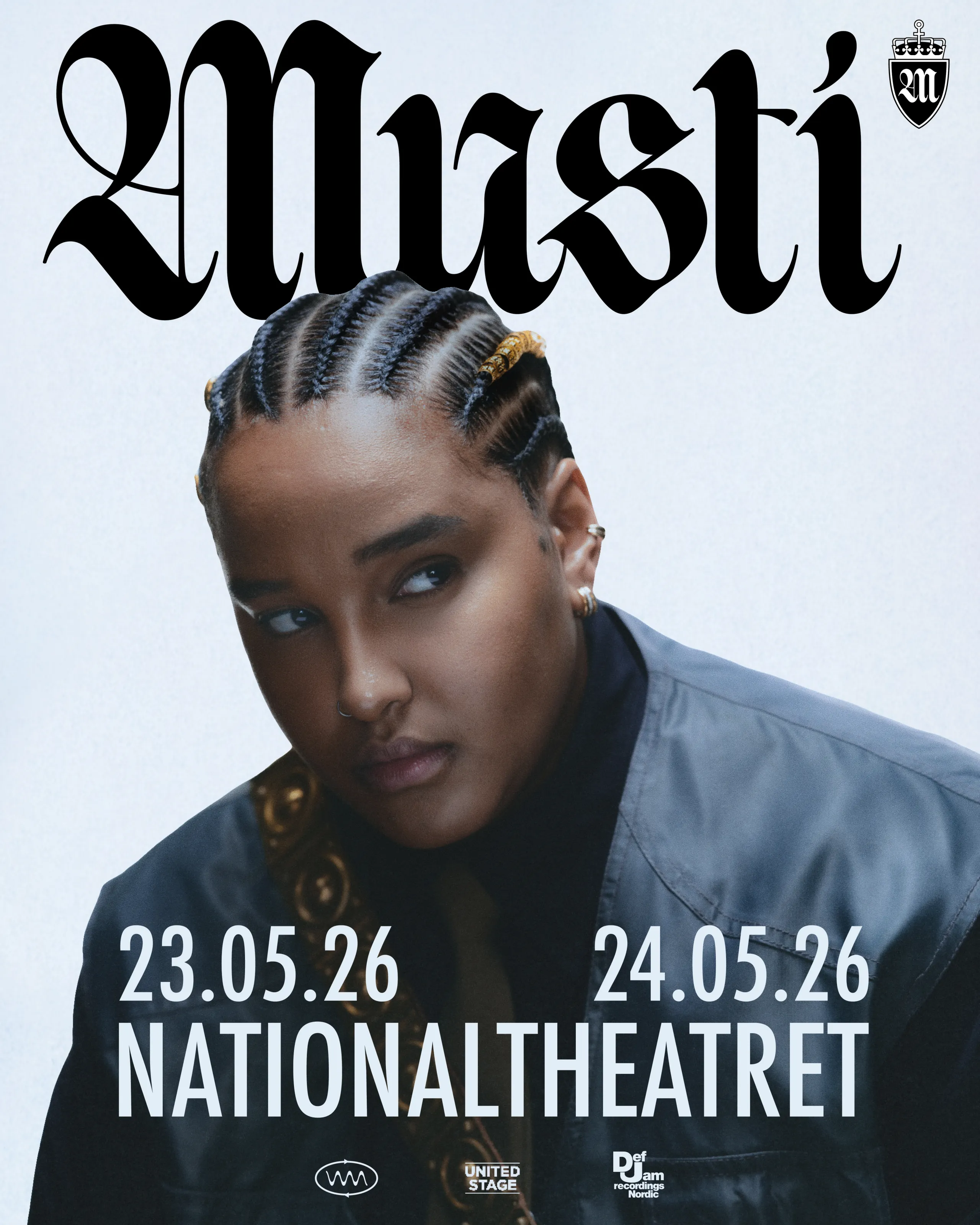 Bilde av kvinne med tekst Musti Nationaltheatret 23.05.26 24.05.26