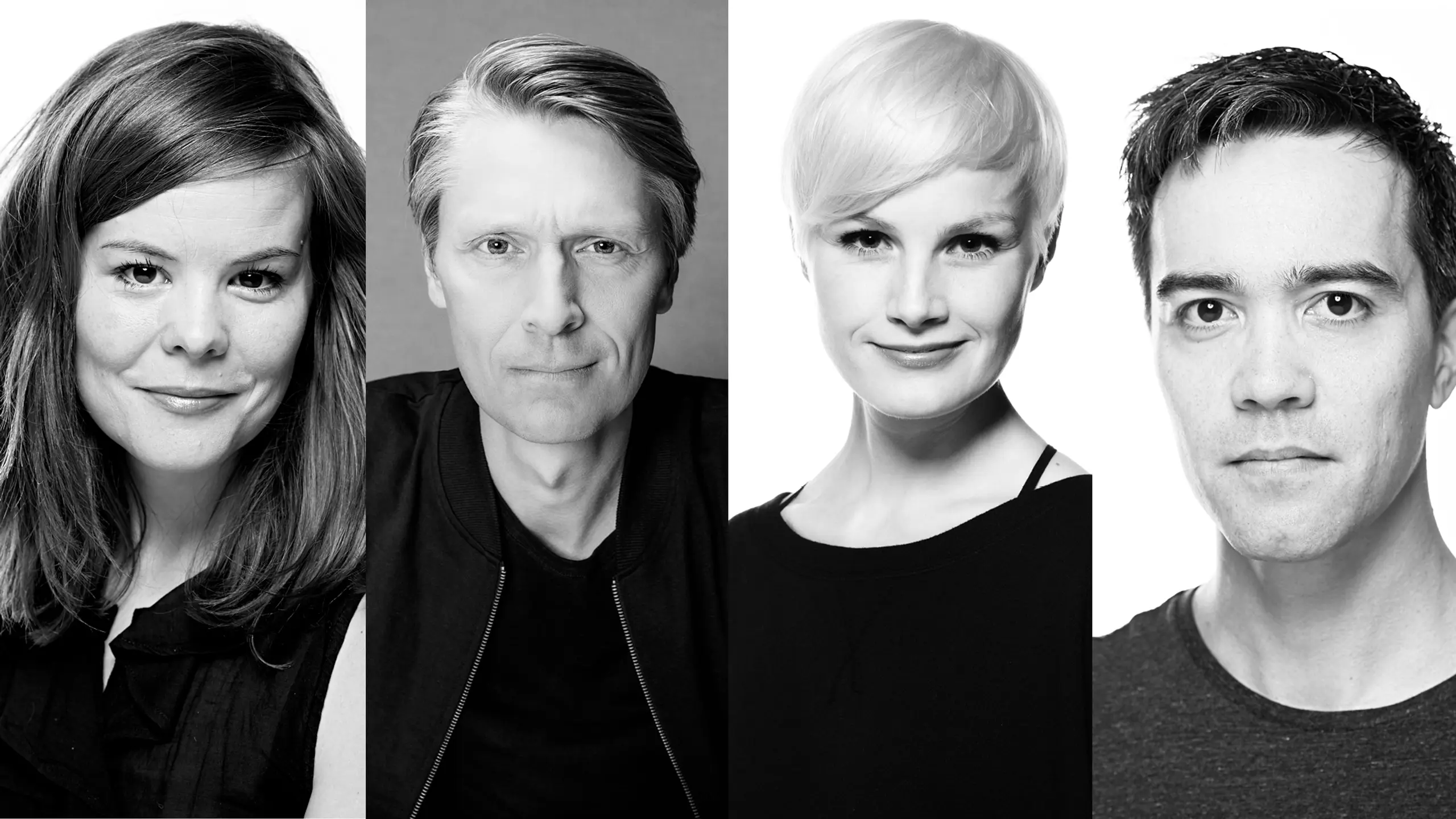 Collage i svart hvitt av to kvinner og to menn