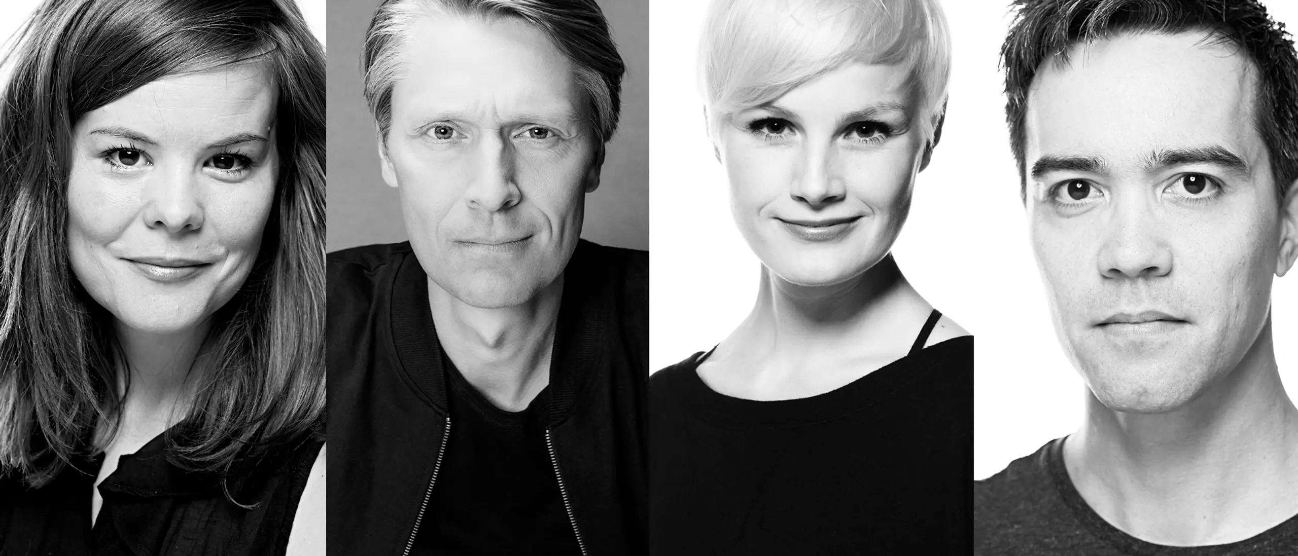 Collage i svart hvitt av to kvinner og to menn