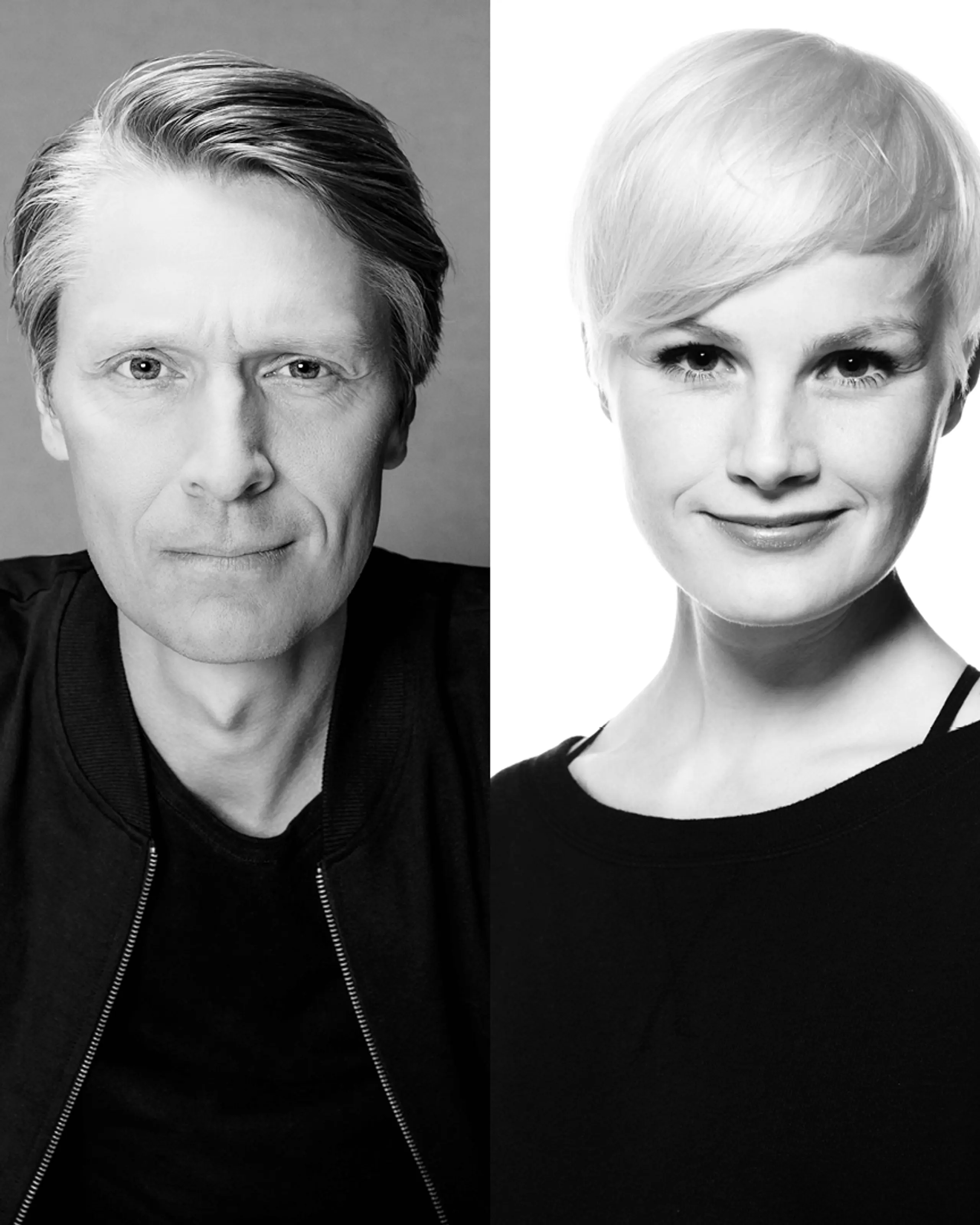 Collage i svart hvitt av to kvinner og to menn