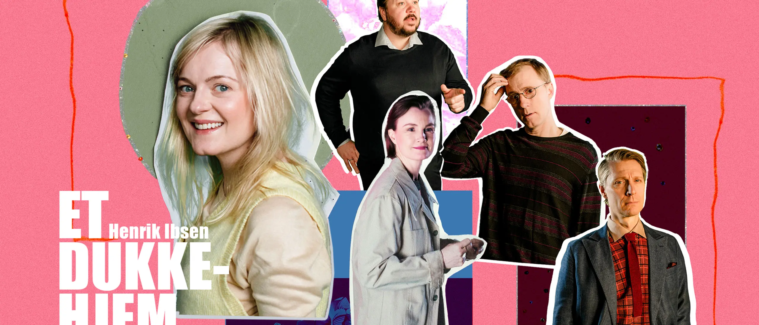 Collage med fem personer på rosa bakgrunn og fargerike elementer