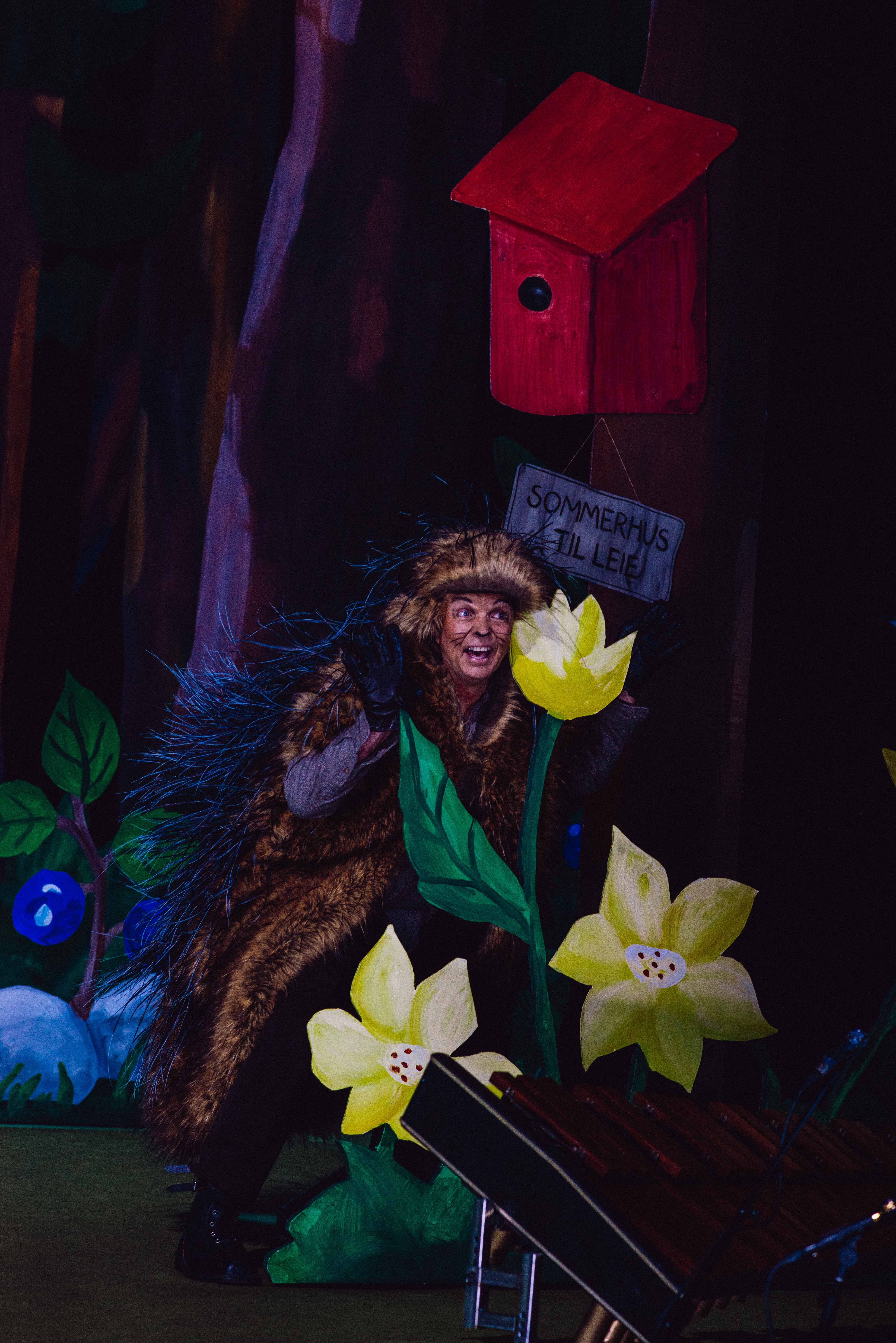 En person i pinnsvinkostyme smiler og vinker bak store blomster og et skilt med teksten 'Sommerhus til leie'