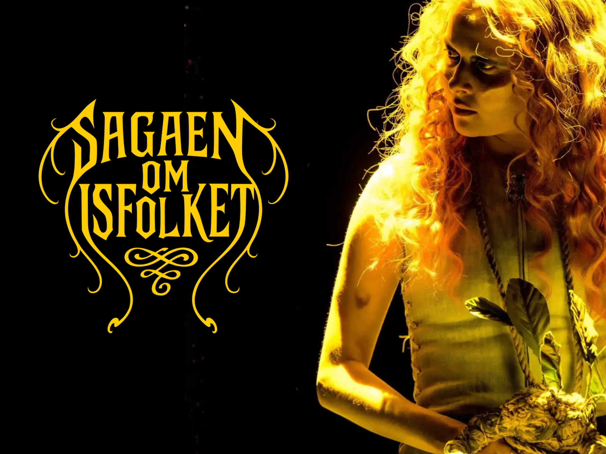 Kvinne med gult lys på seg, mens hun holder en rotliknende figur, med tekst "Sagaen om isfolket"