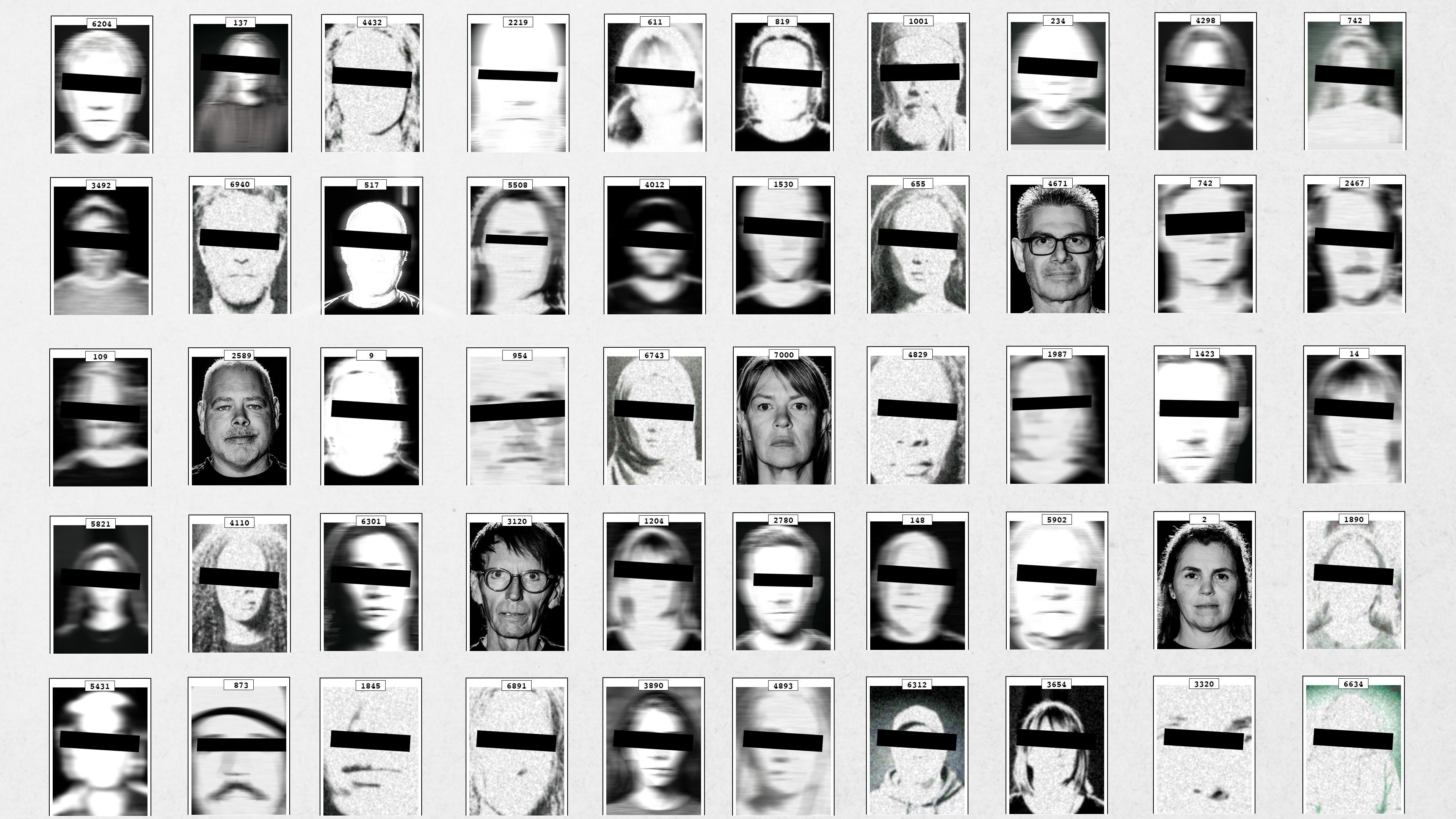 Collage med "mugshots", der noen har svart stripe over øynene