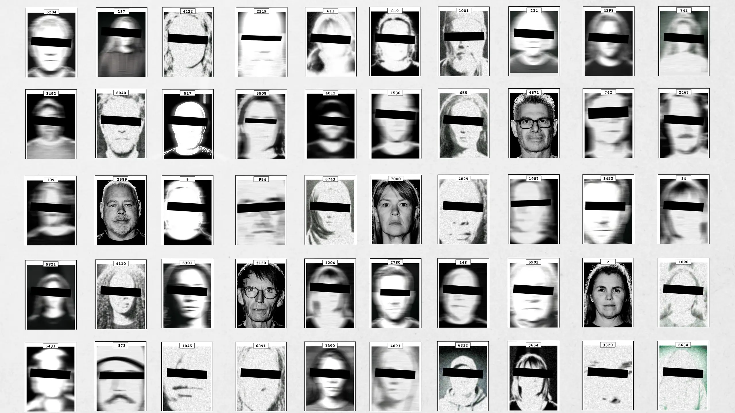 Collage med "mugshots", der noen har svart stripe over øynene