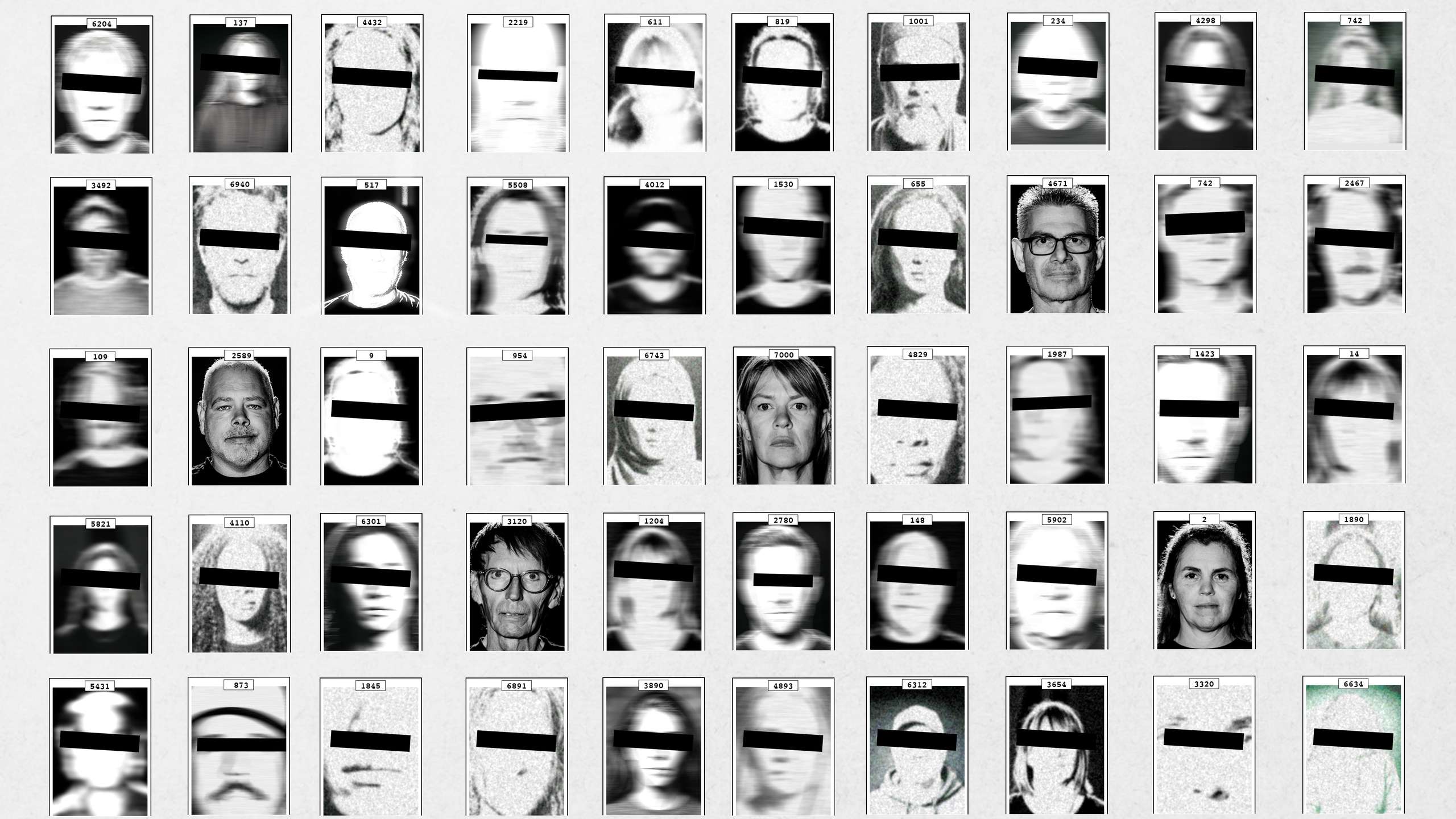 Collage med "mugshots", der noen har svart stripe over øynene