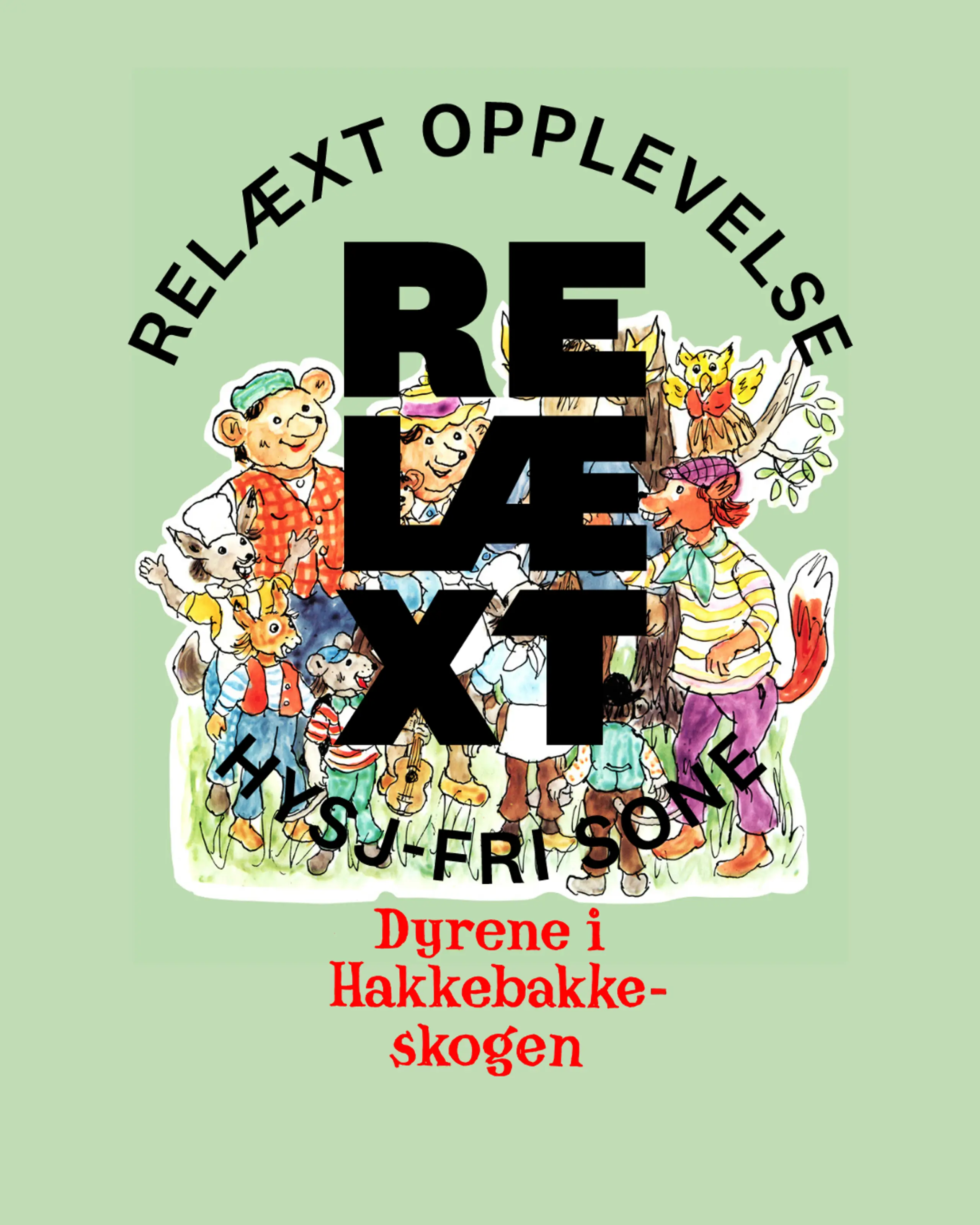 Tegning av Dyrene i Hakkebakkeskogen med logoen til Dyrene i Hakkebakkeskogen og Relæxt
