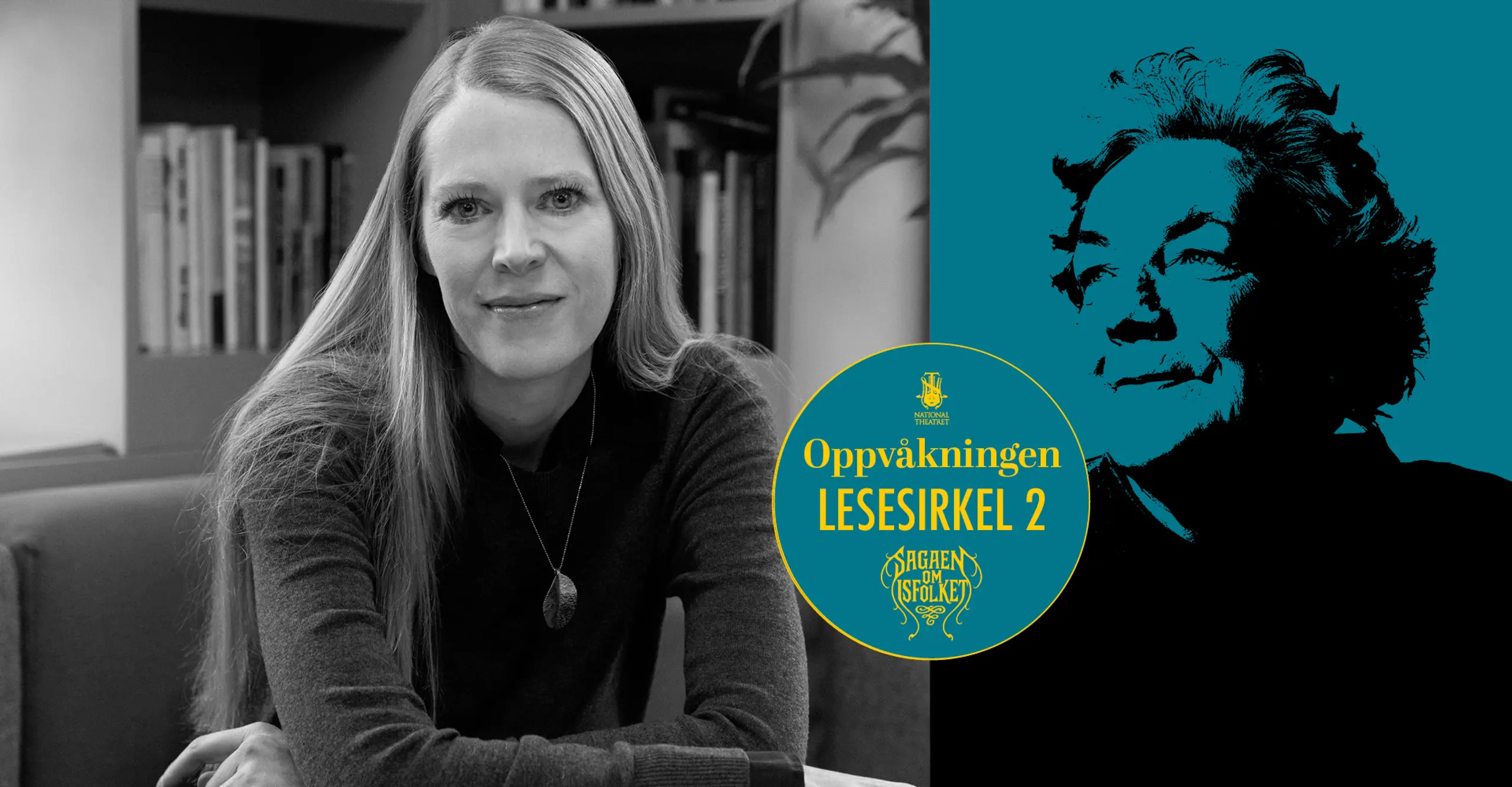 Svart-hvitt bilde av forfatter Hilde Susan Jægtnes ved siden av bilde av omrisset av forfatter Margit Sandemo over gul bakgrunn. Tekst i bildet: Lesesirkel 2.