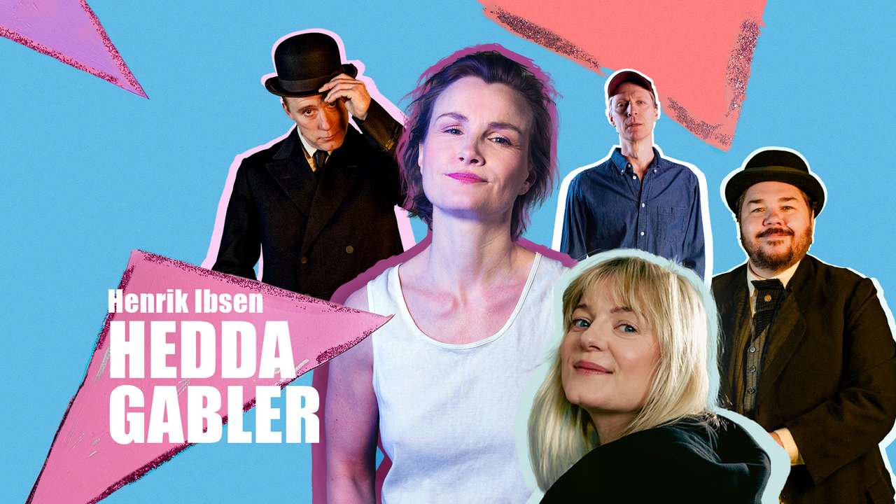 Collage med fem personer med blå bakgrunn og rosa dekorelementer. Tekst: "Henrik Ibsen Hedda Gabler"