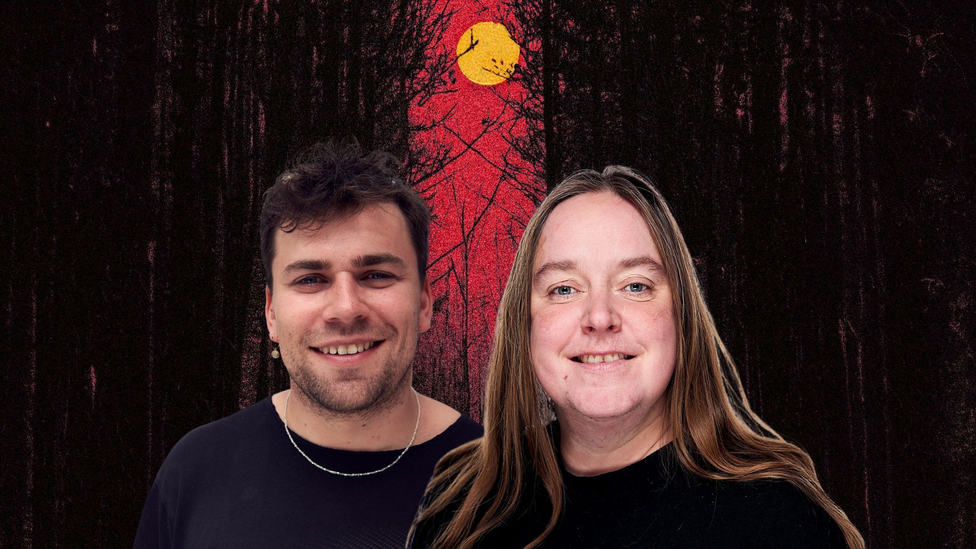 Portrett av kvinne og mann mot mørk skog