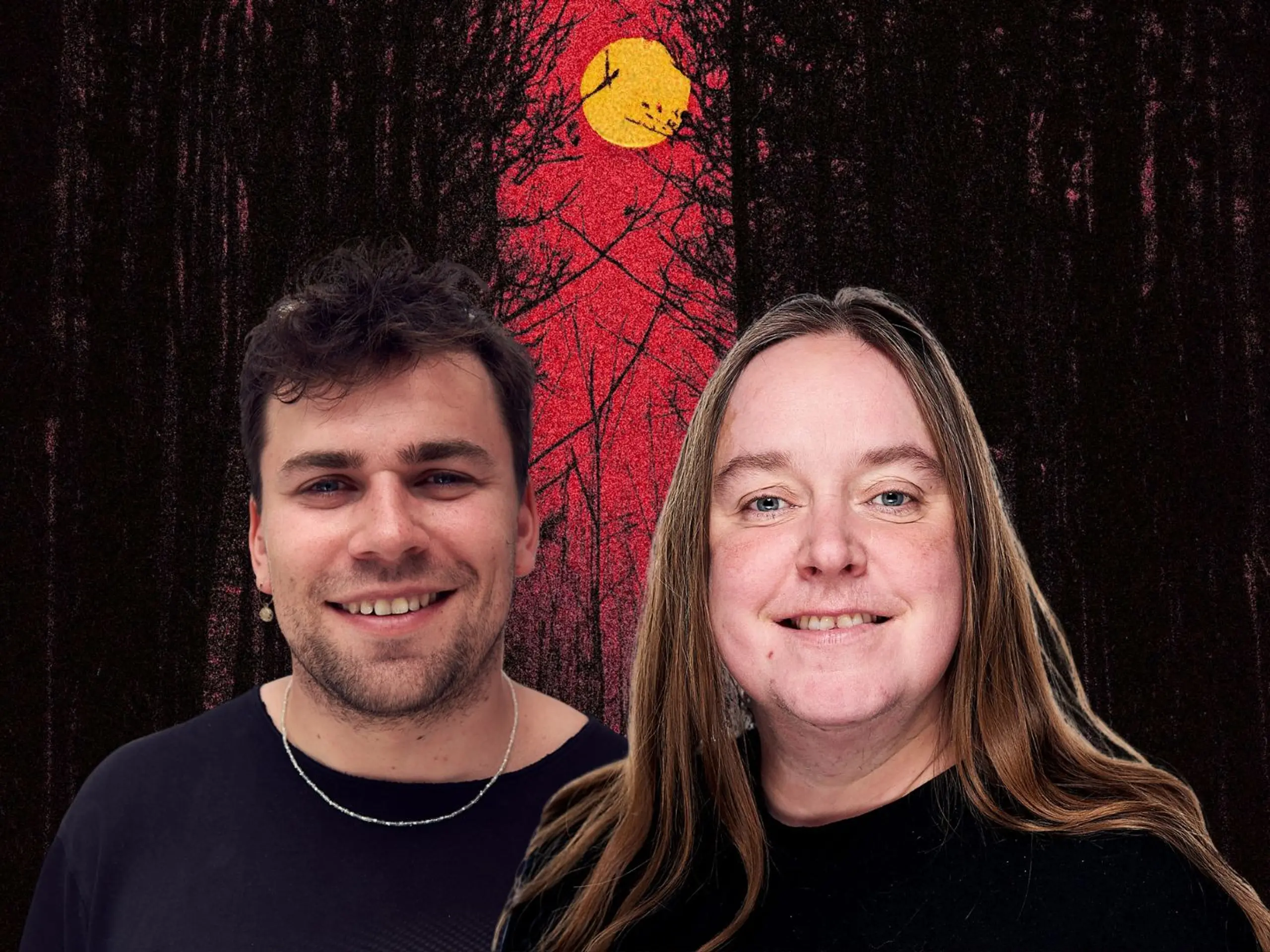 Portrett av kvinne og mann mot mørk skog