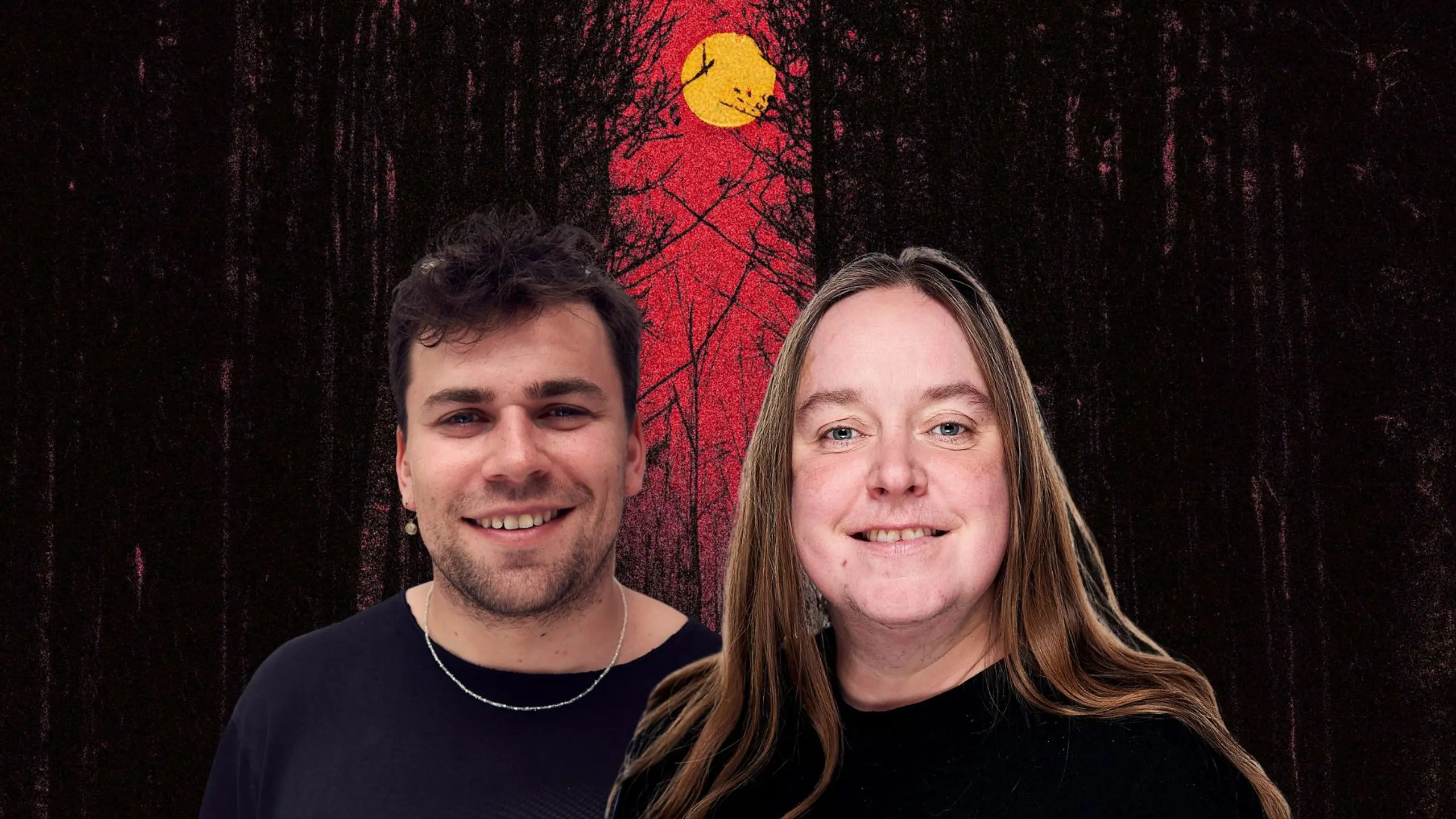 Portrett av kvinne og mann mot mørk skog