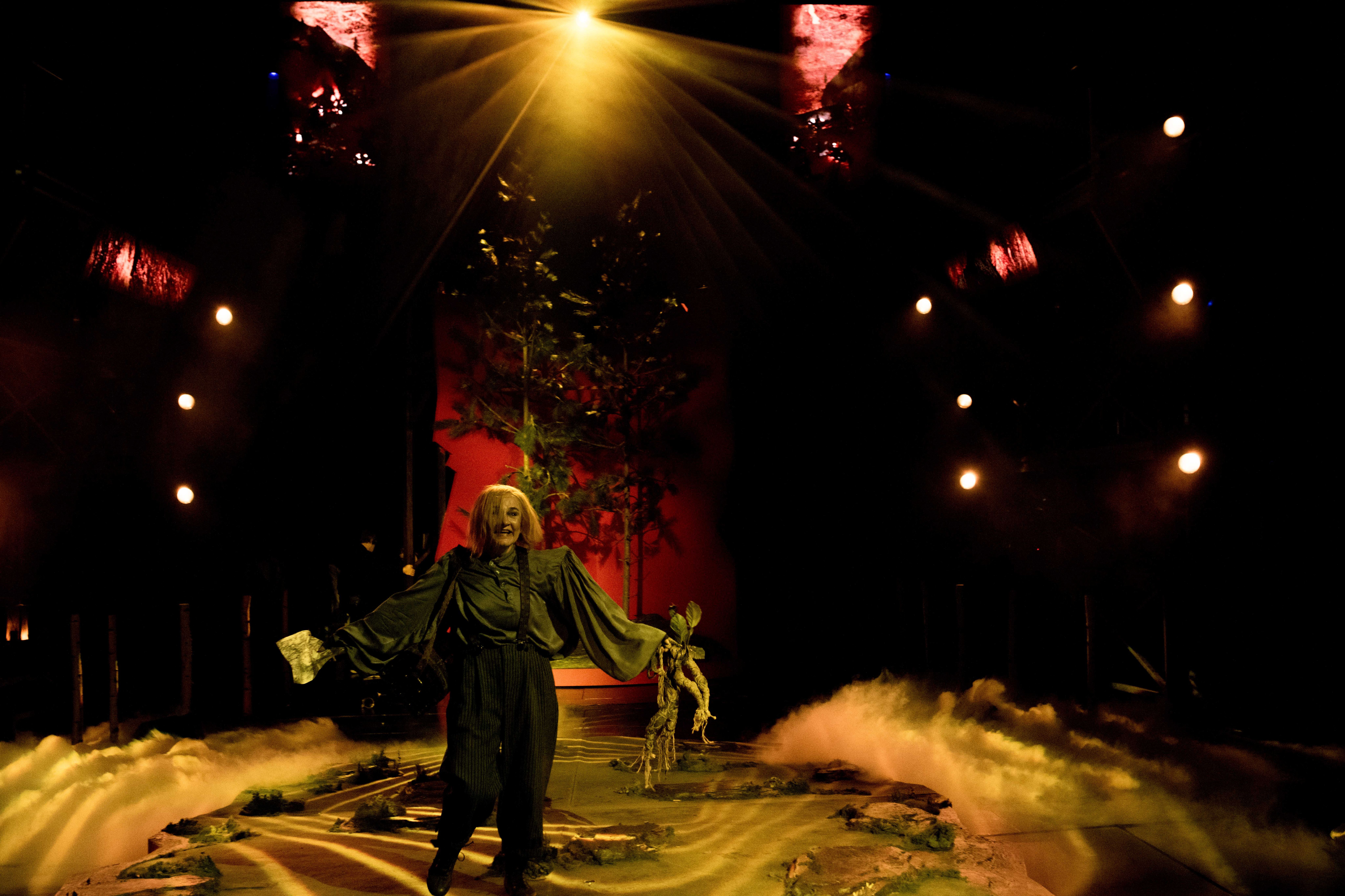 En utøver i grønt kostyme med brede ermer står foran en rød scenografi med trær og scenetåke ved føttene.
