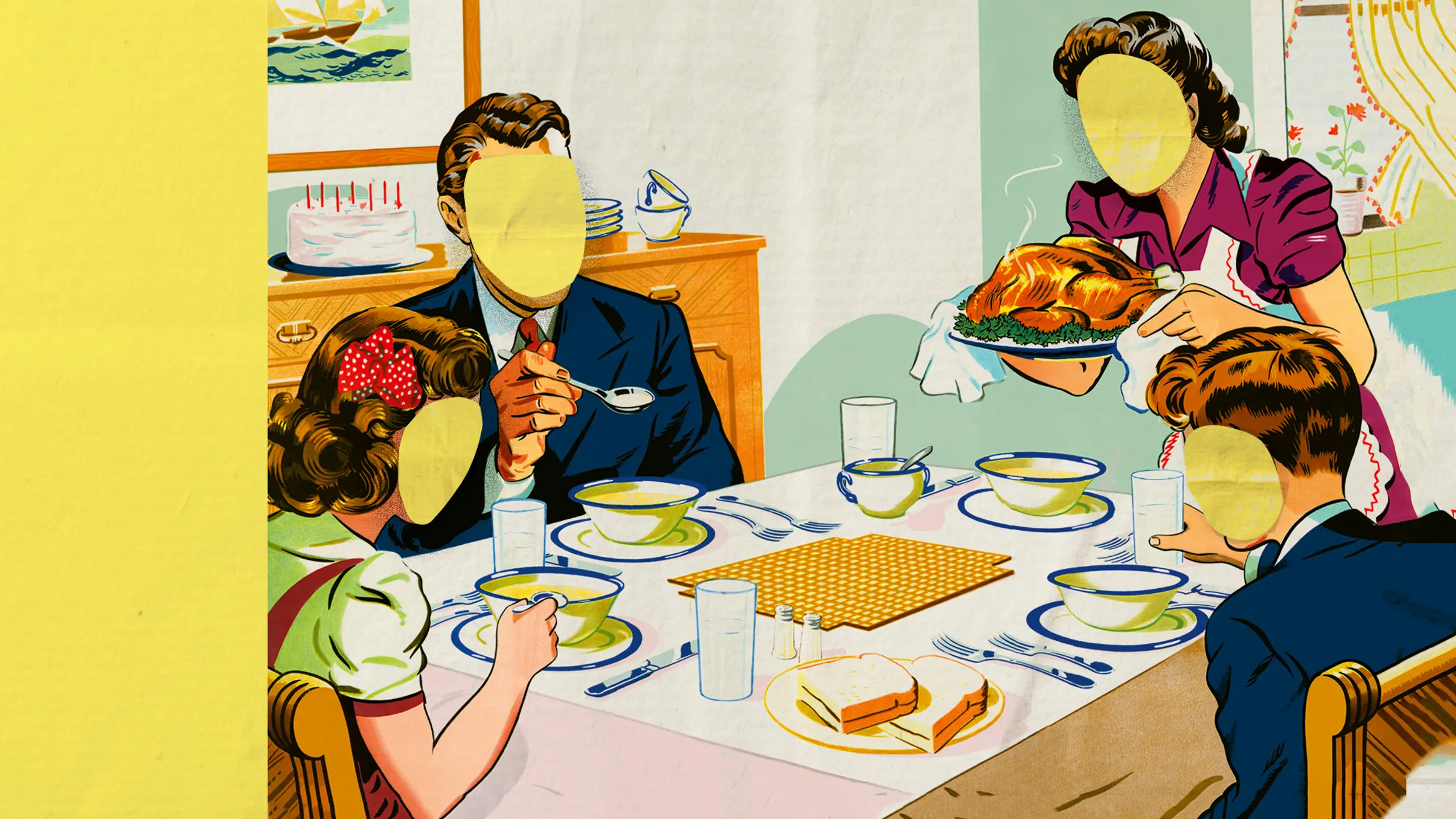 Bokomslag Dette er ikke oss. Tegning av en familie som sitter ved bordet og spiser, med ansiktene kuttet bort