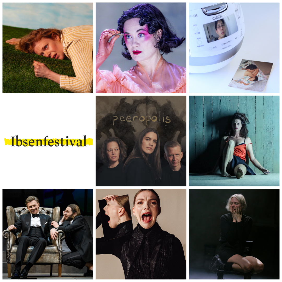collage med plakatbilder fra ulike ibsenoppsetninger og logoen til Ibsenfestivalen