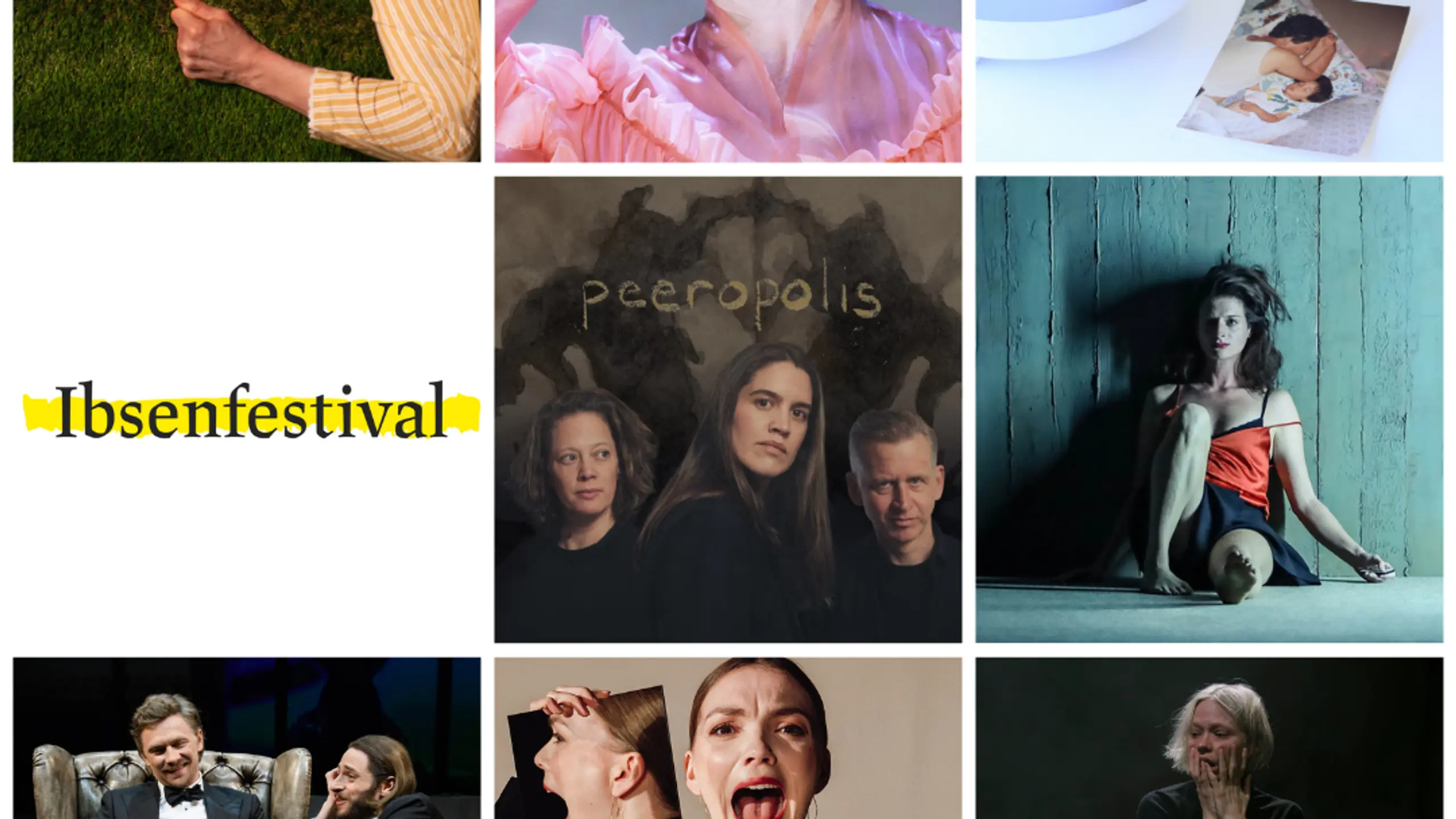 collage med plakatbilder fra ulike ibsenoppsetninger og logoen til Ibsenfestivalen