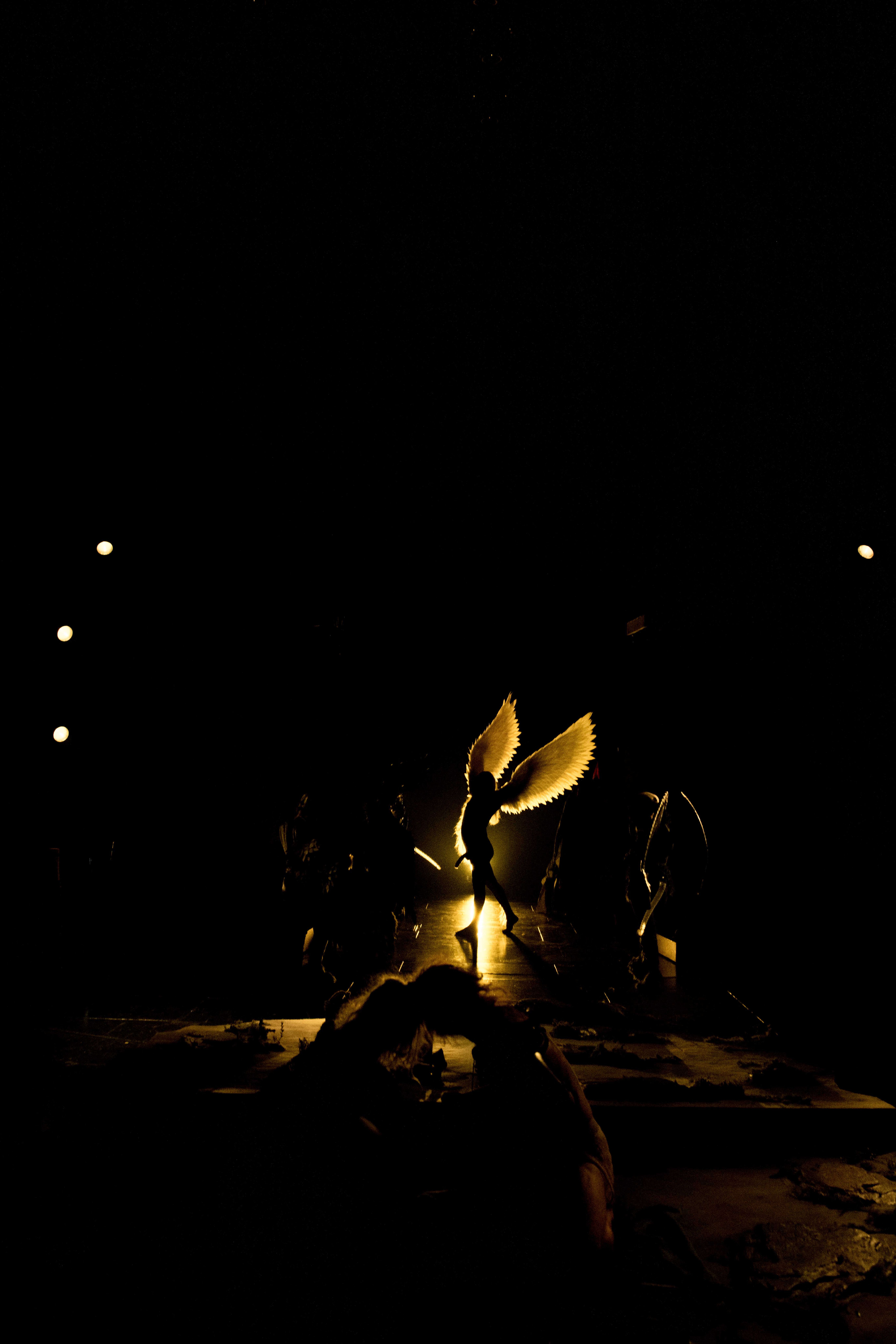 Silhuett av person med store vinger i midten av scenen, badet i gyllent lys med mørke omgivelser og andre figurer i bakgrunnen.