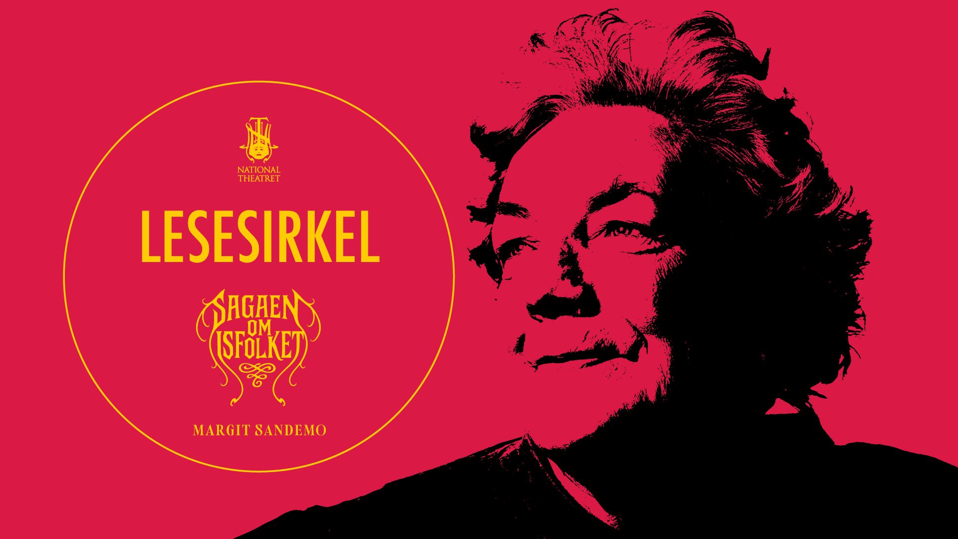 Portrett av kvinne i rød kontrastfarge med logoen til Lesesirkel Sagaen om Isfolket