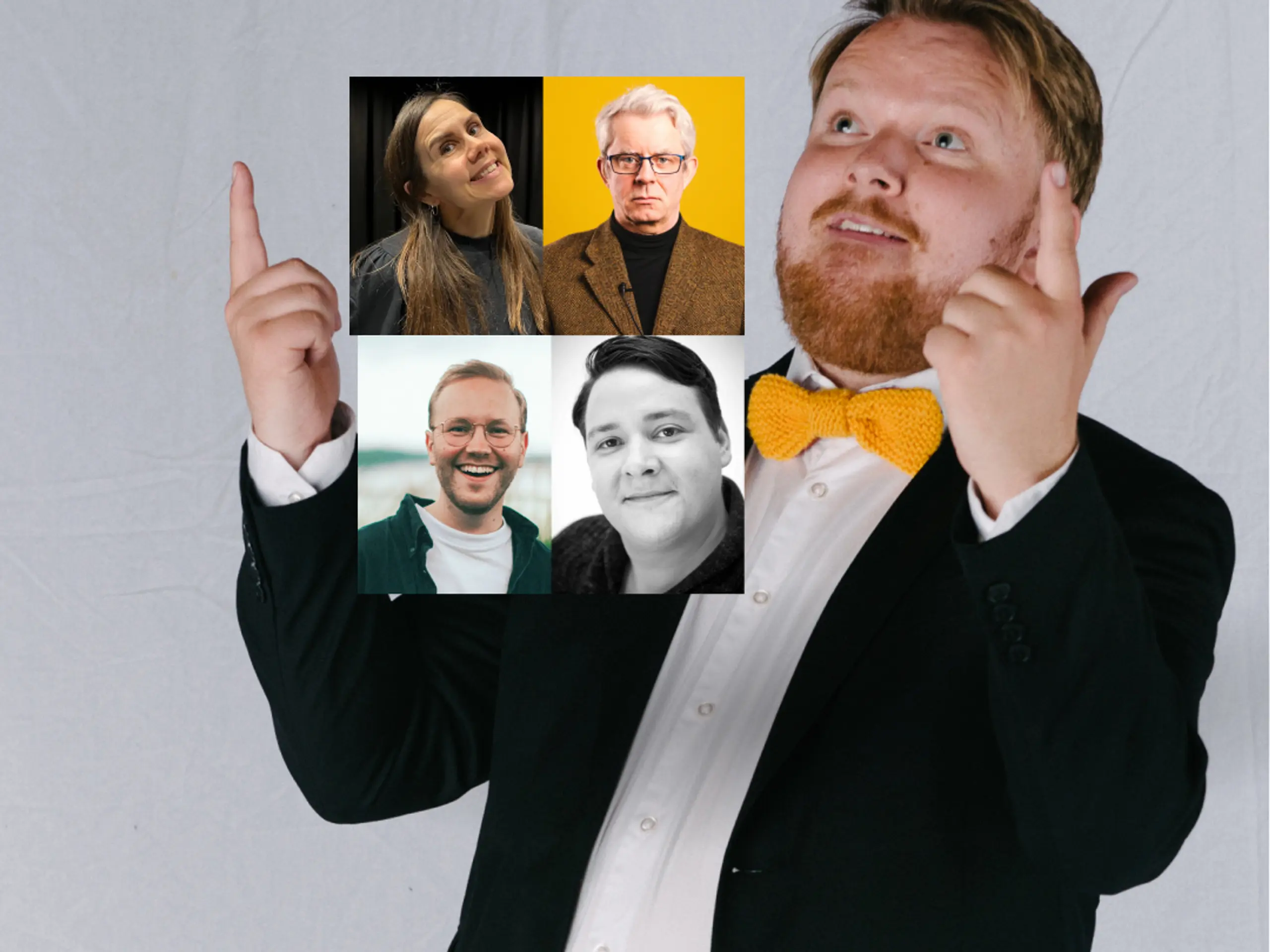 Mann som peker opp i luften. Mellom hendene hans ser vi fire portretter av tre menn og en kvinne.