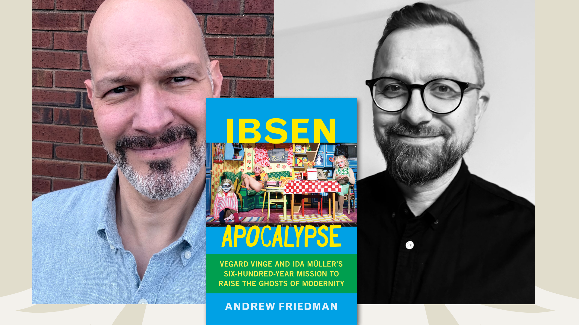 To portrettbilder av menn og et bokomslag