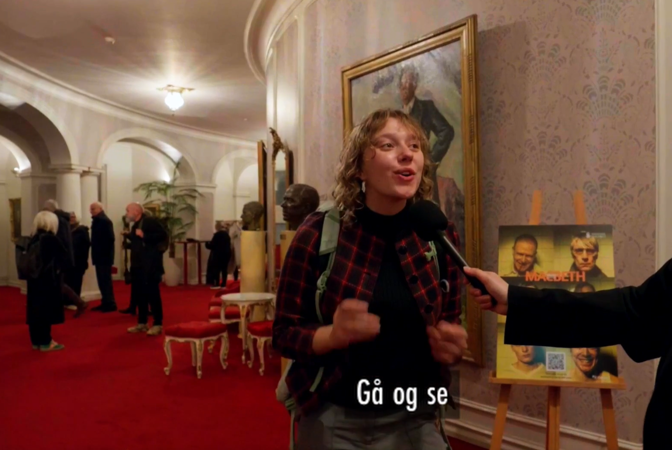 Kvinne som intervjues og undertekst Gå og se