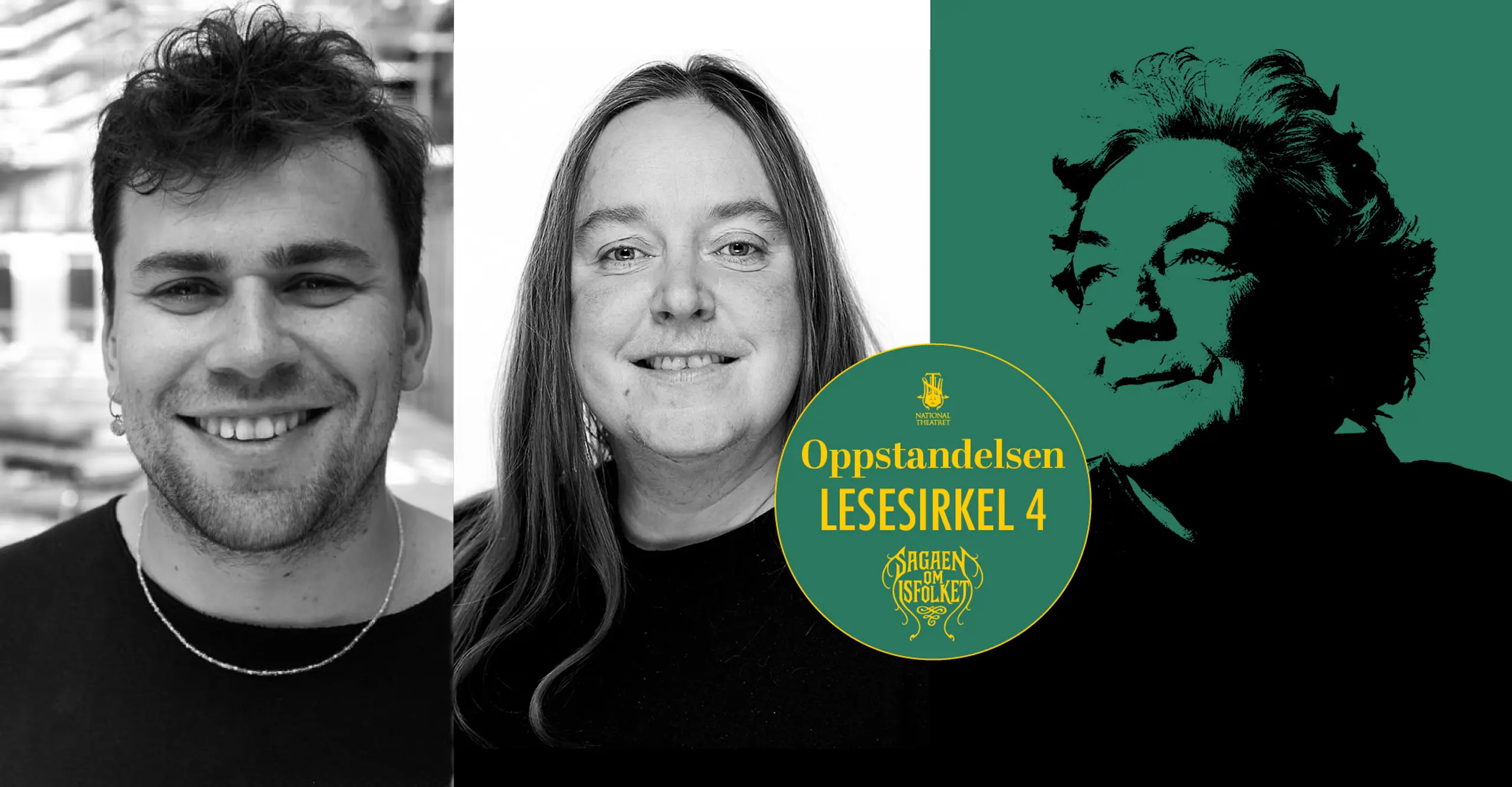 Bilde av omrisset av forfatter Margit Sandemo over grønn bakgrunn, satt sammen med sort-hvite portrettbilder av regissørene og manusforfatterne Simen Formo Hay og Oda Radoor. Tekst i bildet: Lesesirkel 4, Oppstandelsen